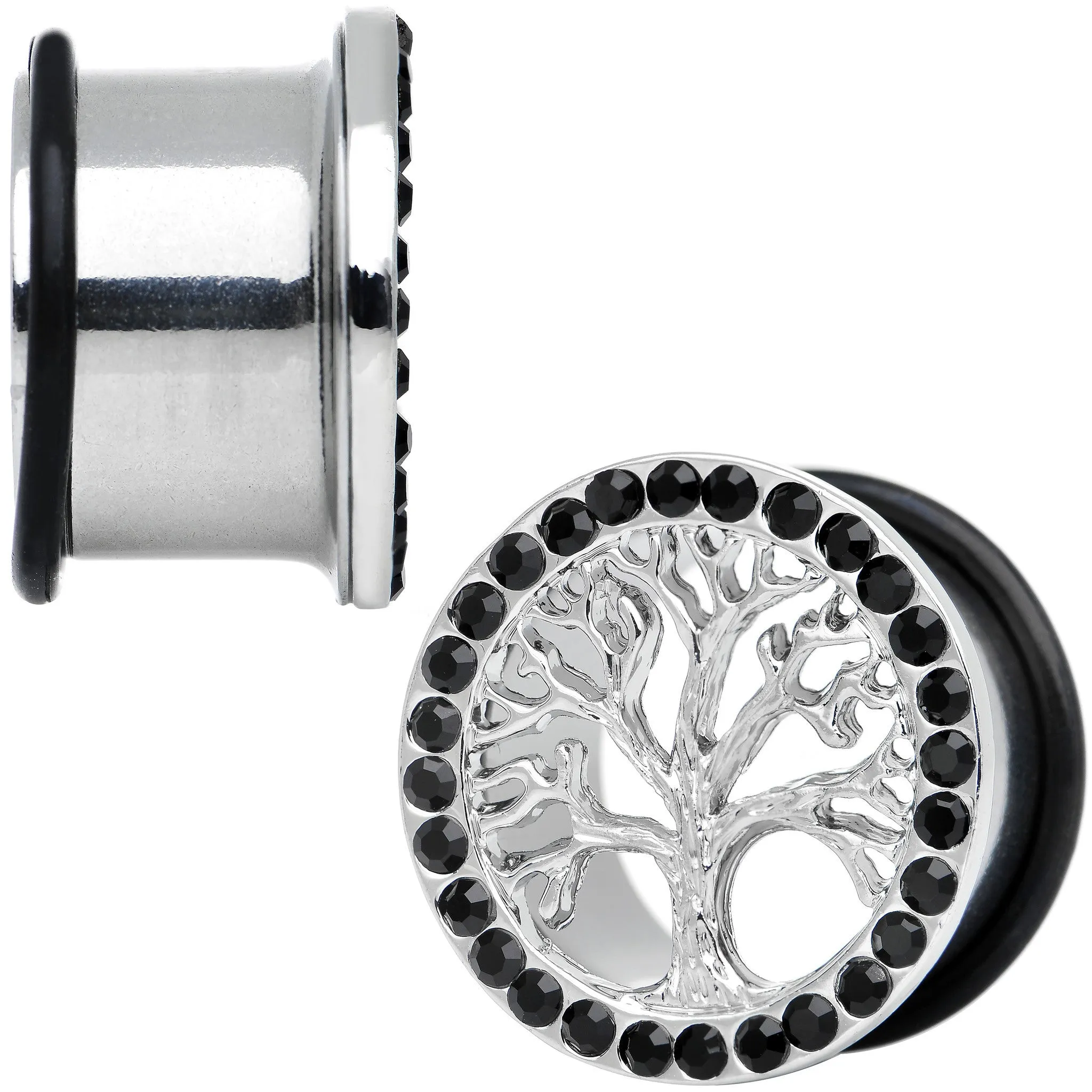 11/16 Black Gem Stainless Steel Single Flare Tree of Life Plug Set