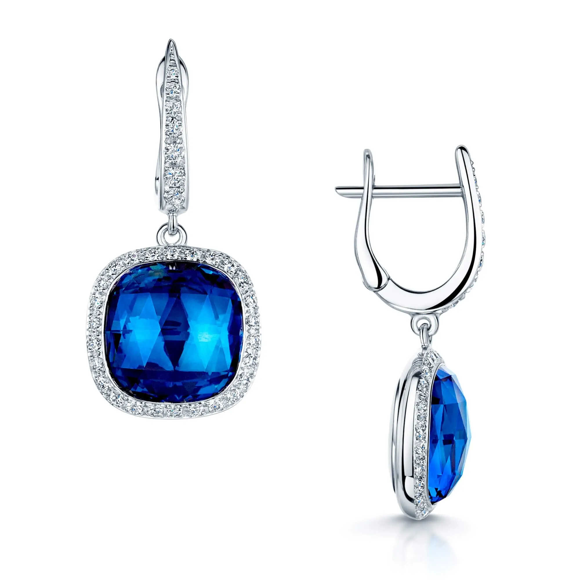 18ct White Gold London Blue Topaz Cushion Cut Drop Earrings With Diamond Halo & Diamond Drop Detail