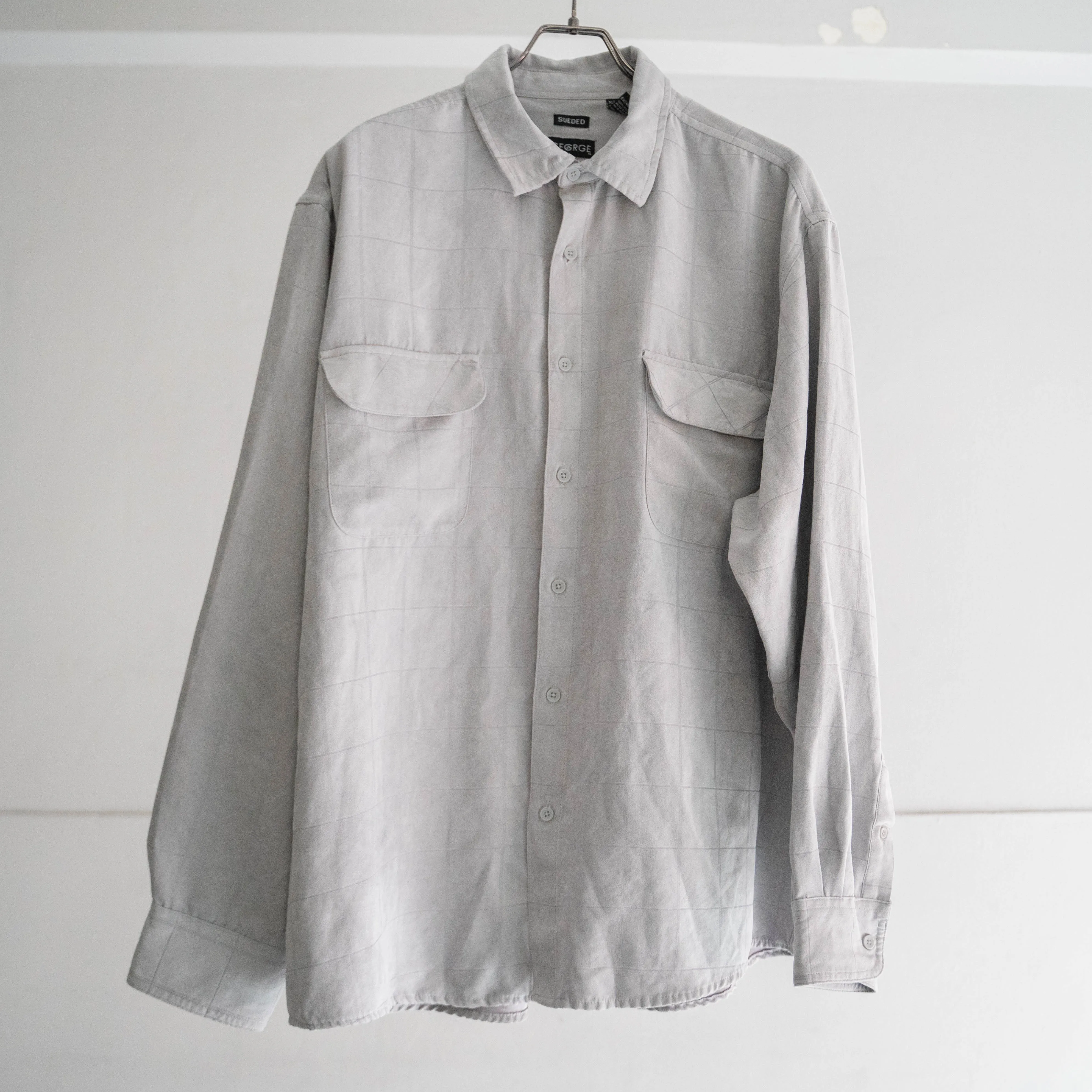 1990s light gray color all poly block check suede shirt