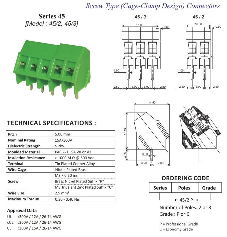 45-Degree Screw Terminal Block 3 Pin Connector TBC 5mm Pitch