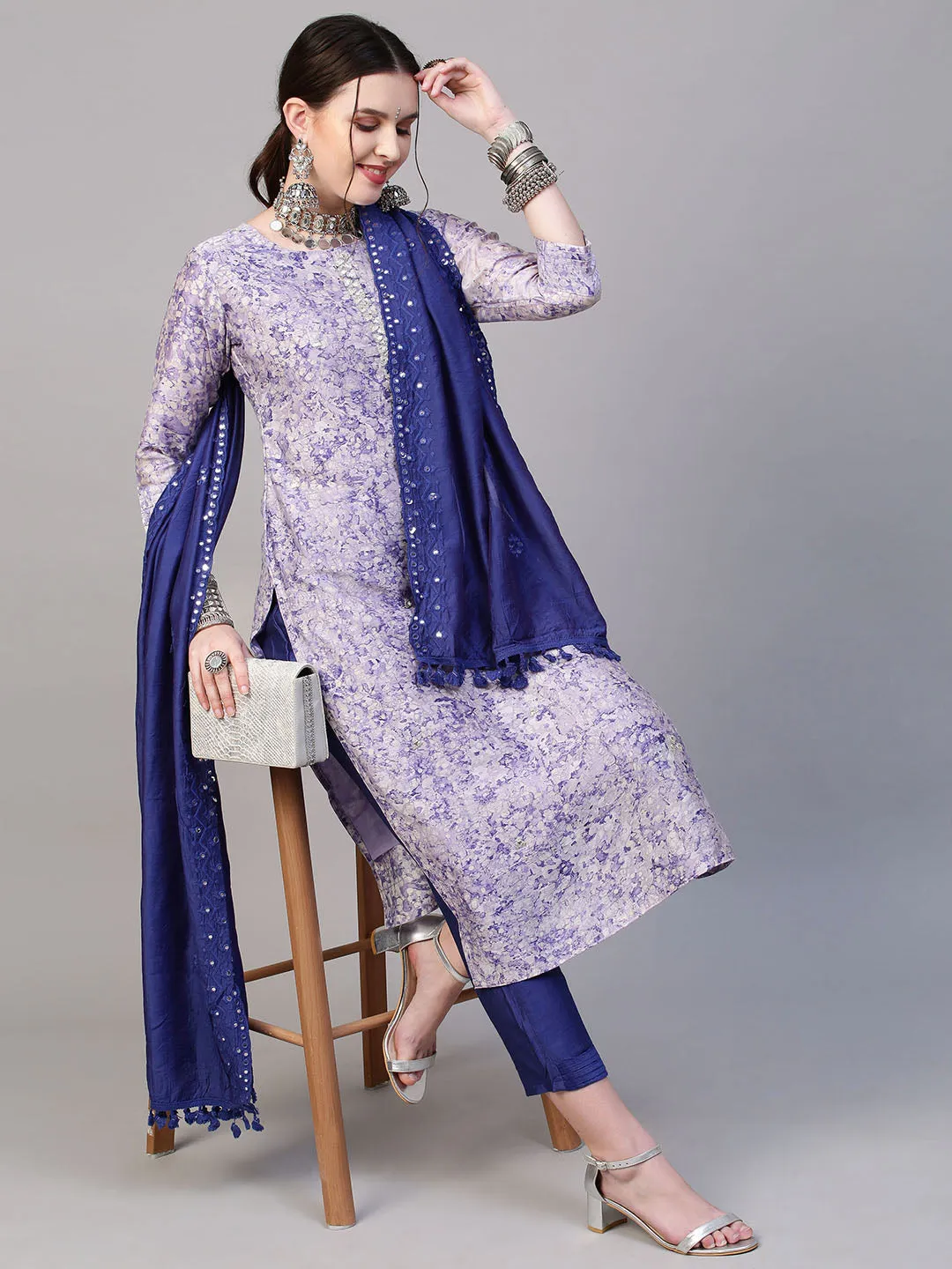 Abstract Floral Printed & Hand Embroidered Kurta with Pants & Dupatta - Violet