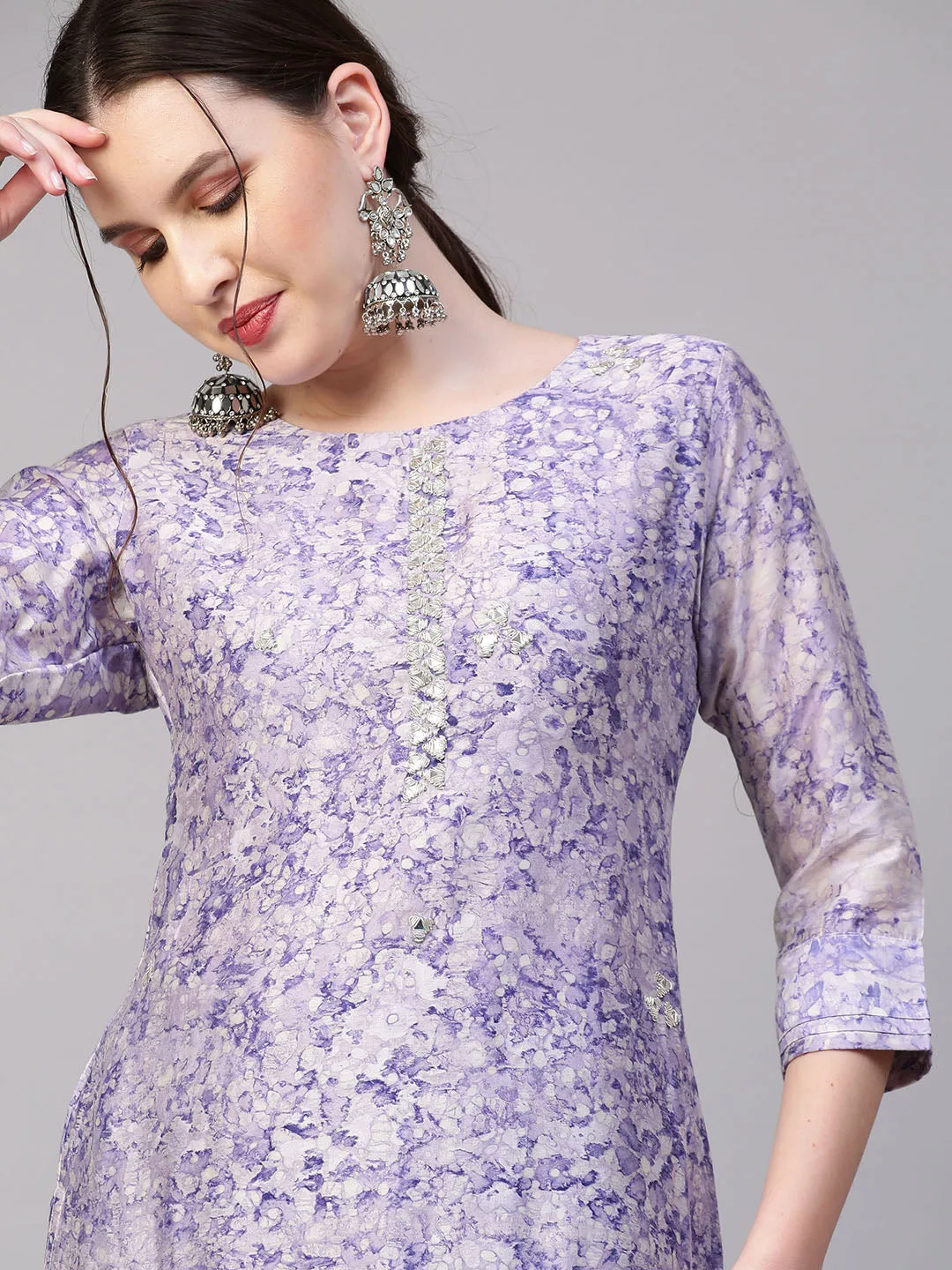 Abstract Floral Printed & Hand Embroidered Kurta with Pants & Dupatta - Violet