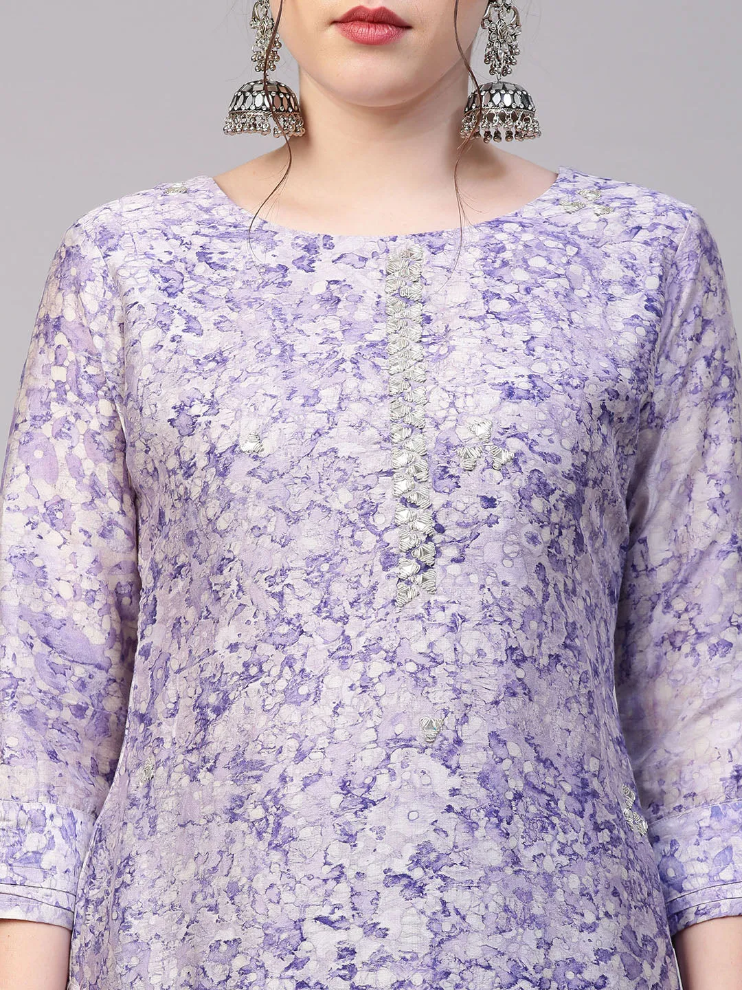 Abstract Floral Printed & Hand Embroidered Kurta with Pants & Dupatta - Violet