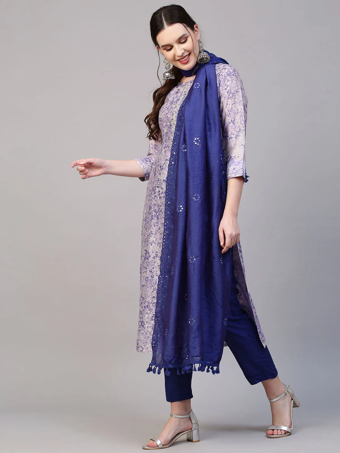 Abstract Floral Printed & Hand Embroidered Kurta with Pants & Dupatta - Violet