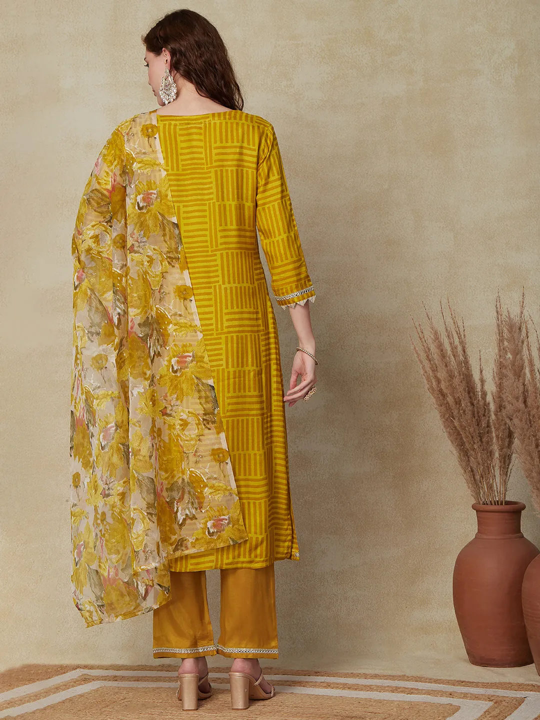 Abstract Printed Mirror Embroidered Kurta with Pants & Printed Dupatta - Mustard