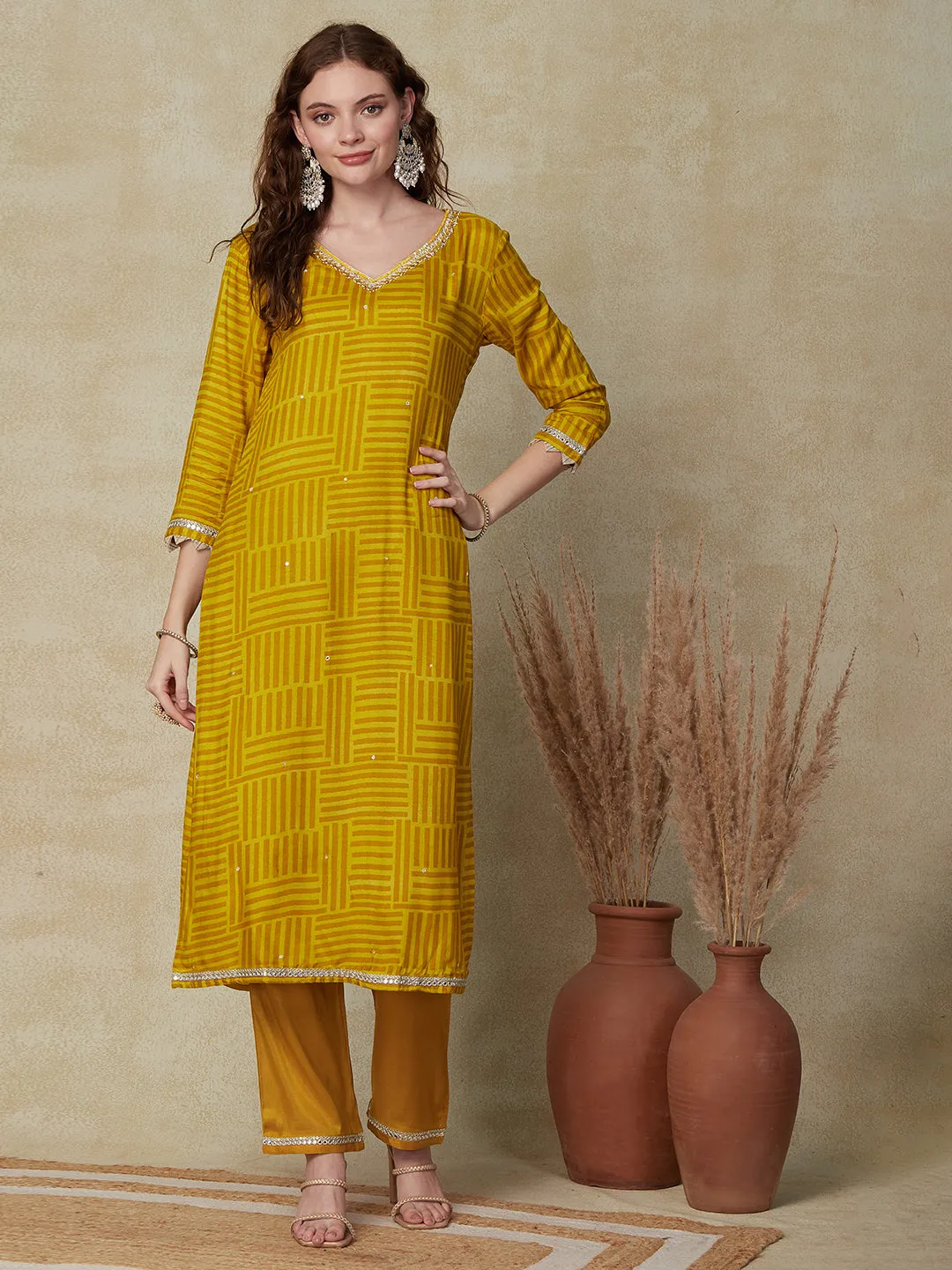 Abstract Printed Mirror Embroidered Kurta with Pants & Printed Dupatta - Mustard