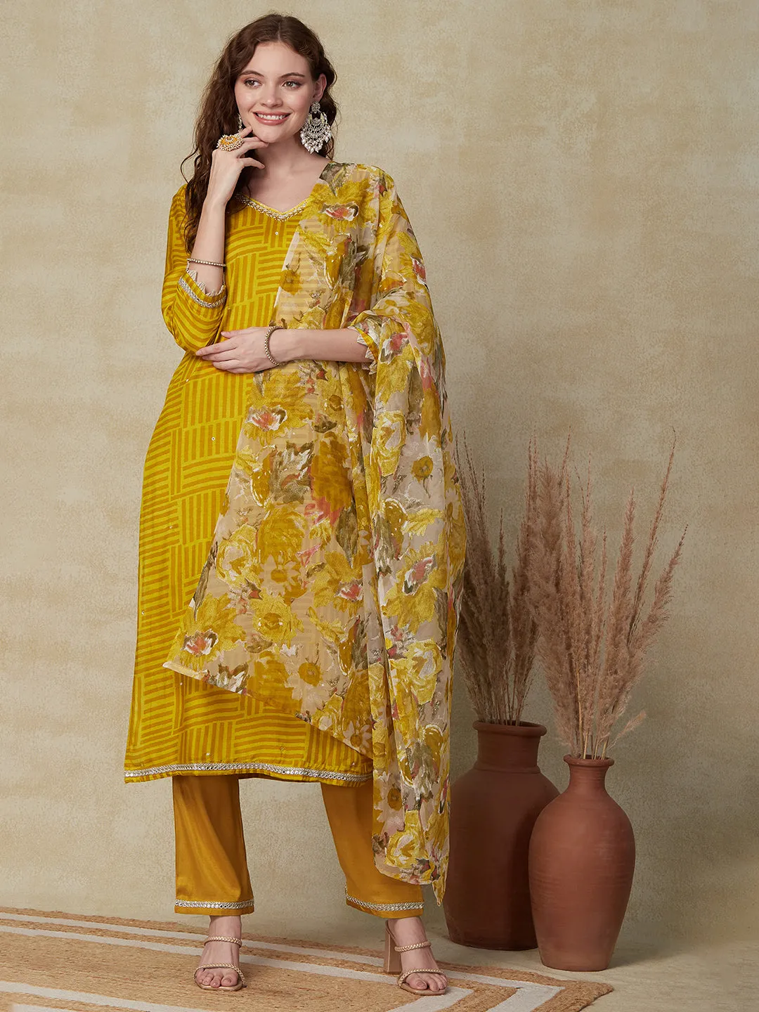 Abstract Printed Mirror Embroidered Kurta with Pants & Printed Dupatta - Mustard