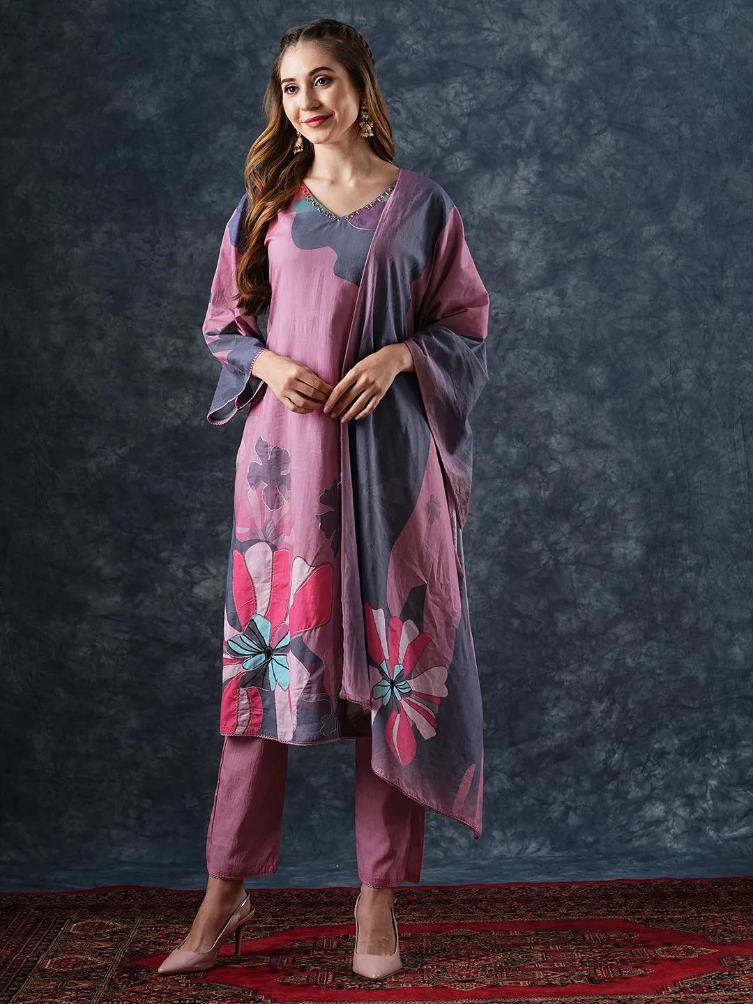 Abstract Printed Zari & Cutdana Embroidered Kurta with Pants & Dupatta - Pink