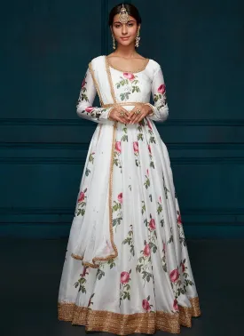 Anarkali in White Floral Printed Satin