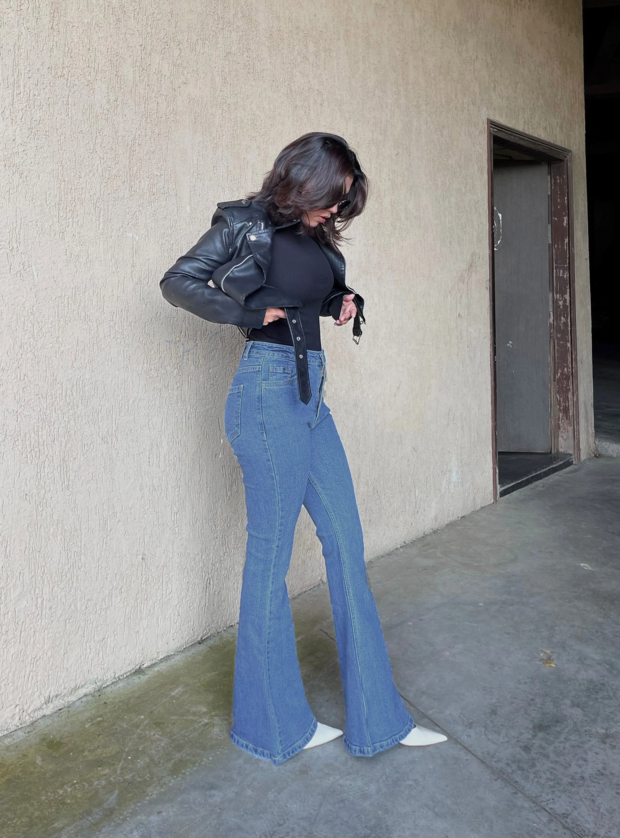 Aqua Blue Bootleg High Rise Jeans