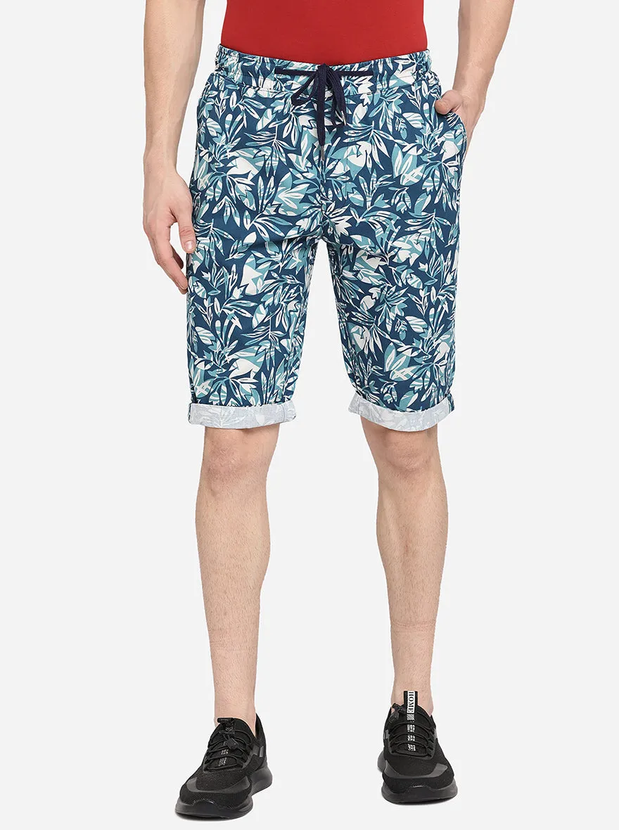 Aqua Blue Printed Slim Fit Capri | JadeBlue