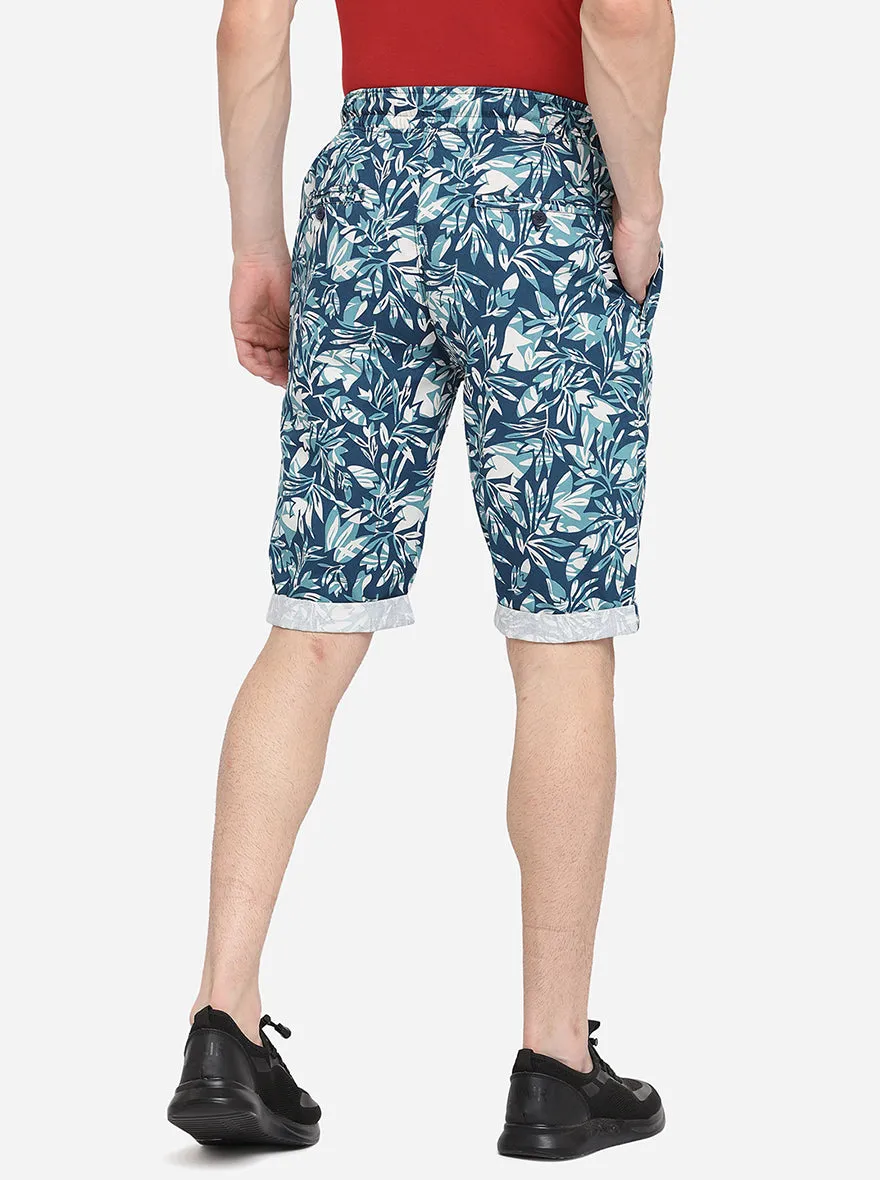 Aqua Blue Printed Slim Fit Capri | JadeBlue