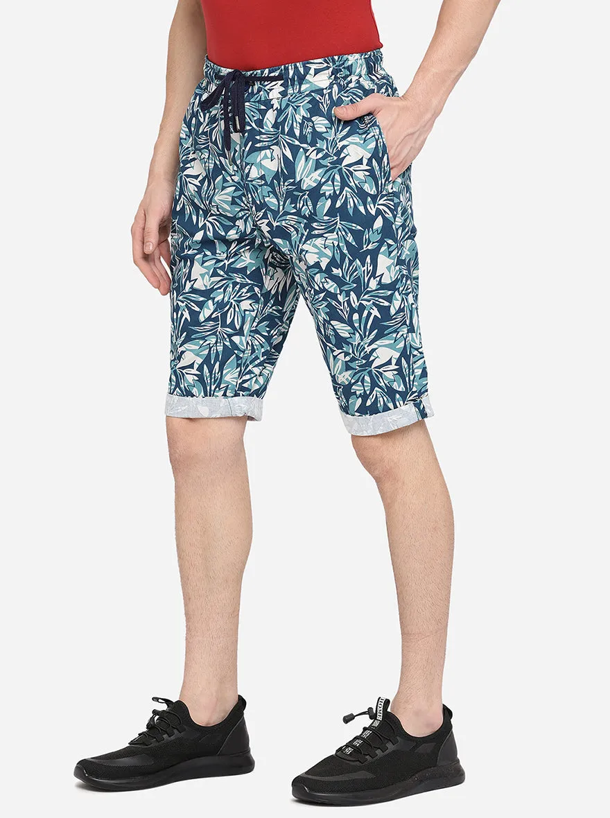 Aqua Blue Printed Slim Fit Capri | JadeBlue