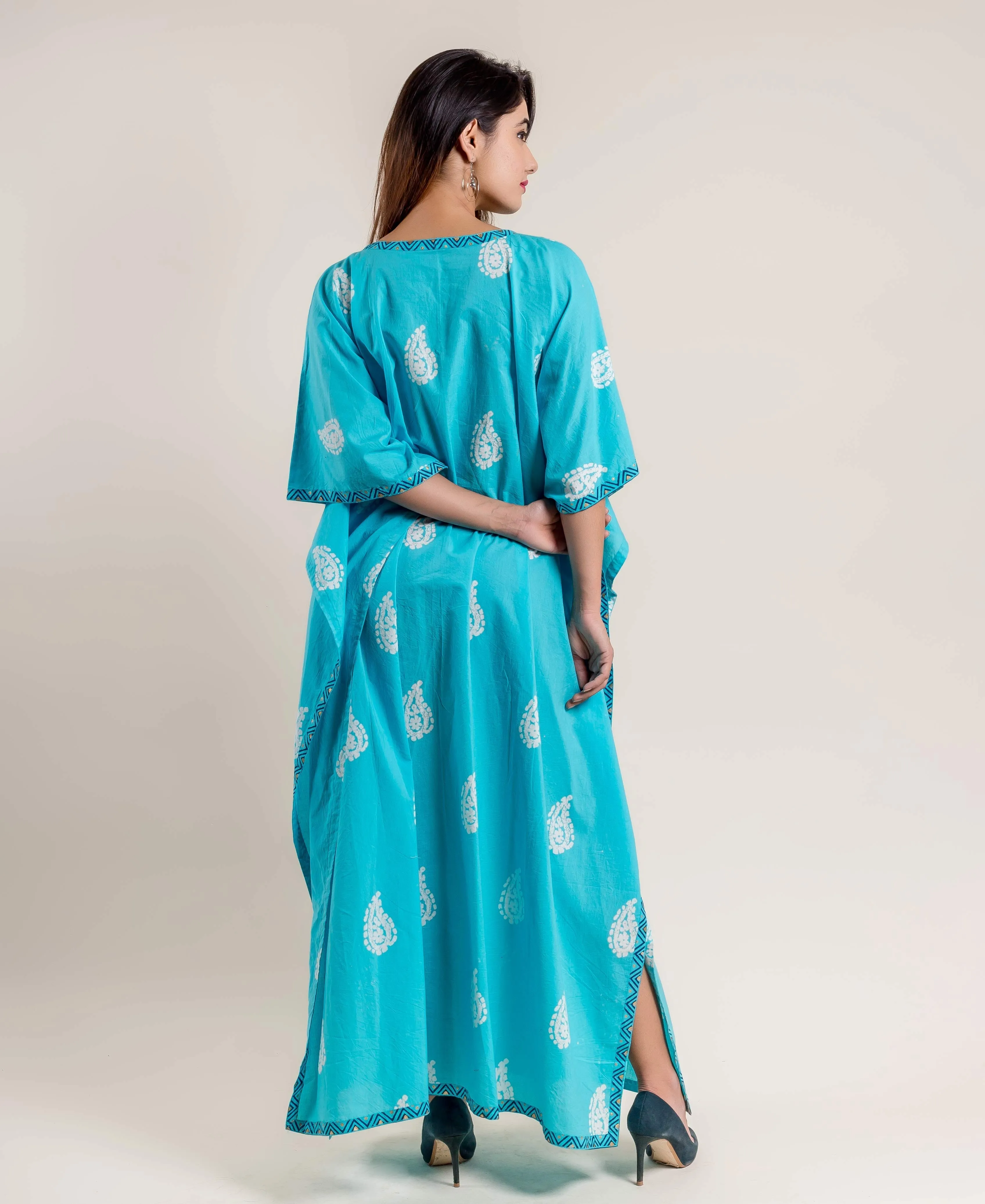 Aqua Hand Block Printed V Neck Kaftan