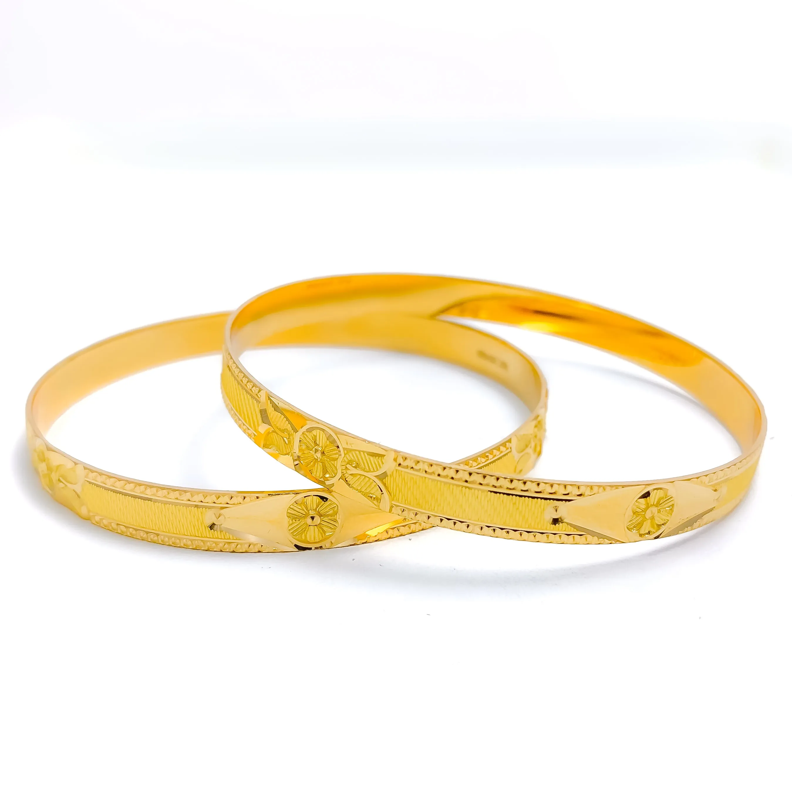 Attractive Etched Flower Accented 22k Gold Bangles