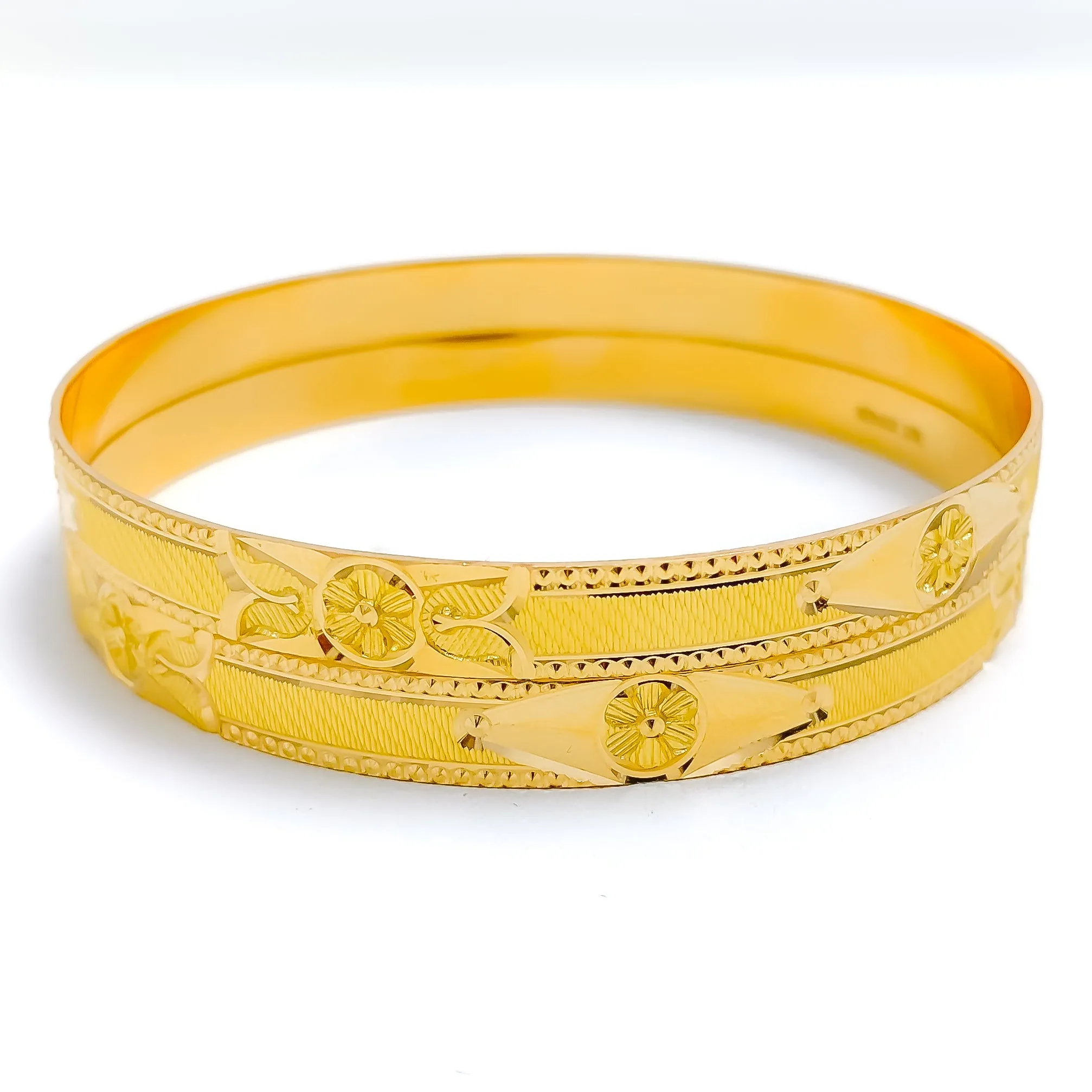 Attractive Etched Flower Accented 22k Gold Bangles