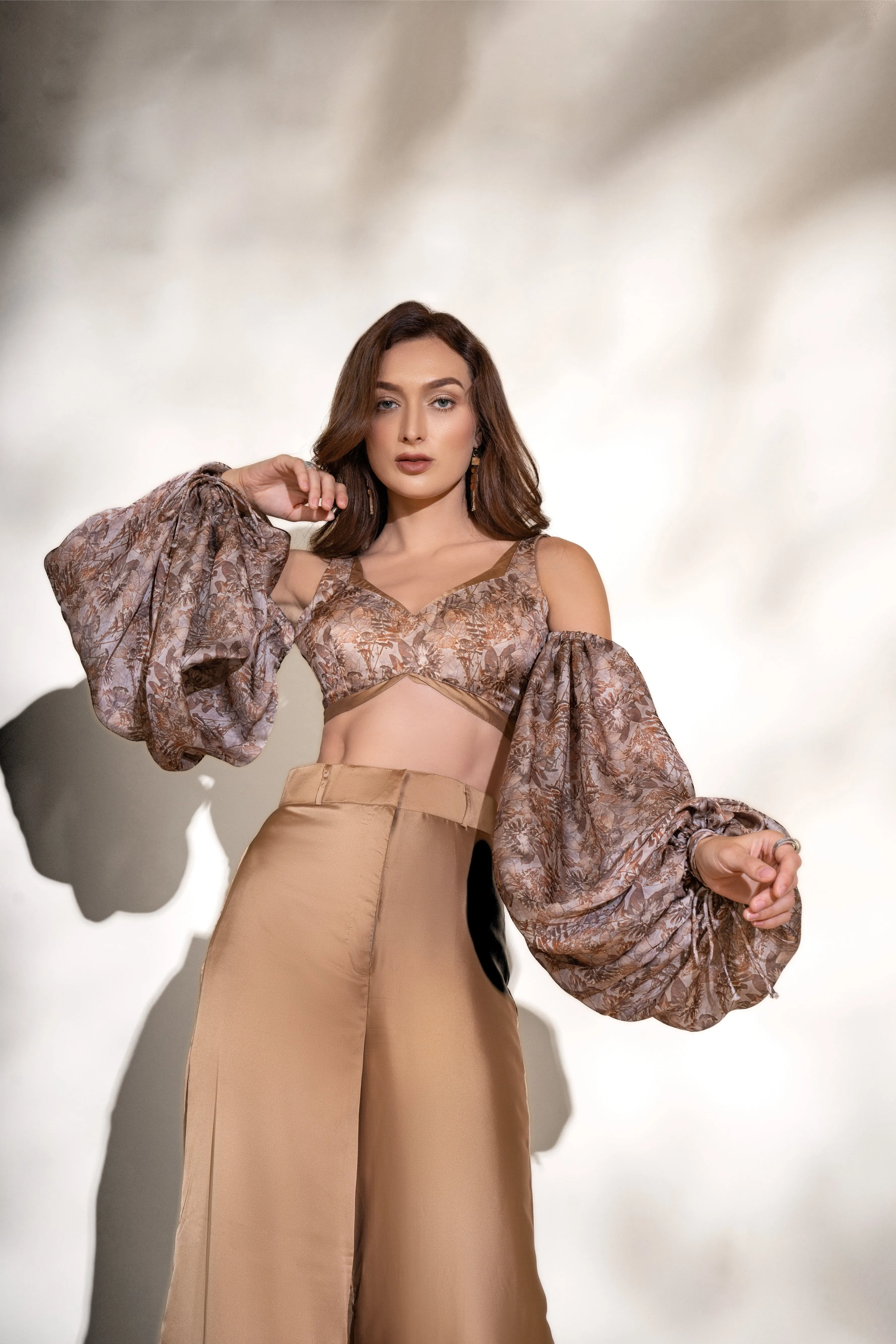 Auric Gold Printed Crop Top and Pants Co-ord Set