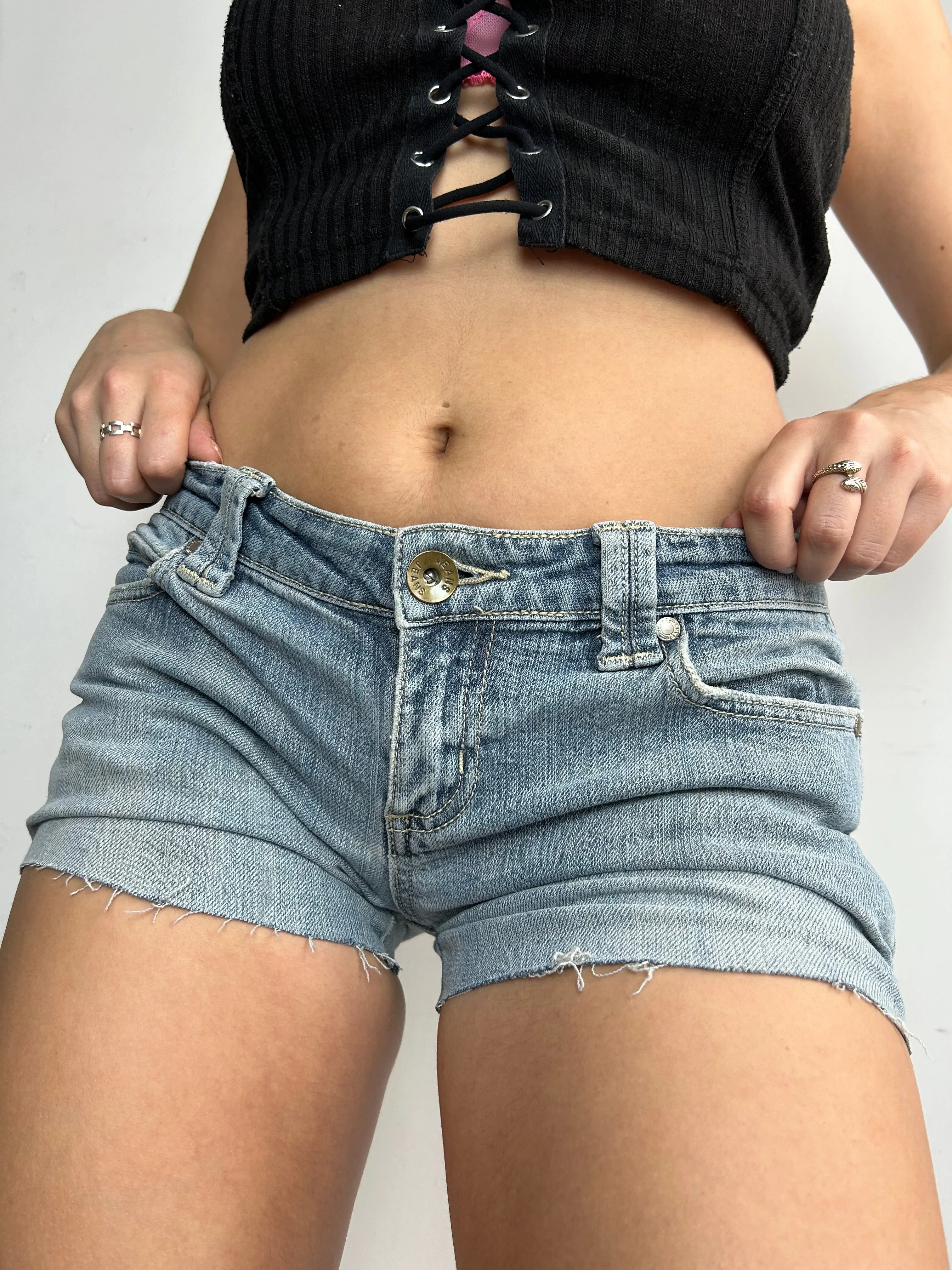 Baby blue denim low rise mini short (S)