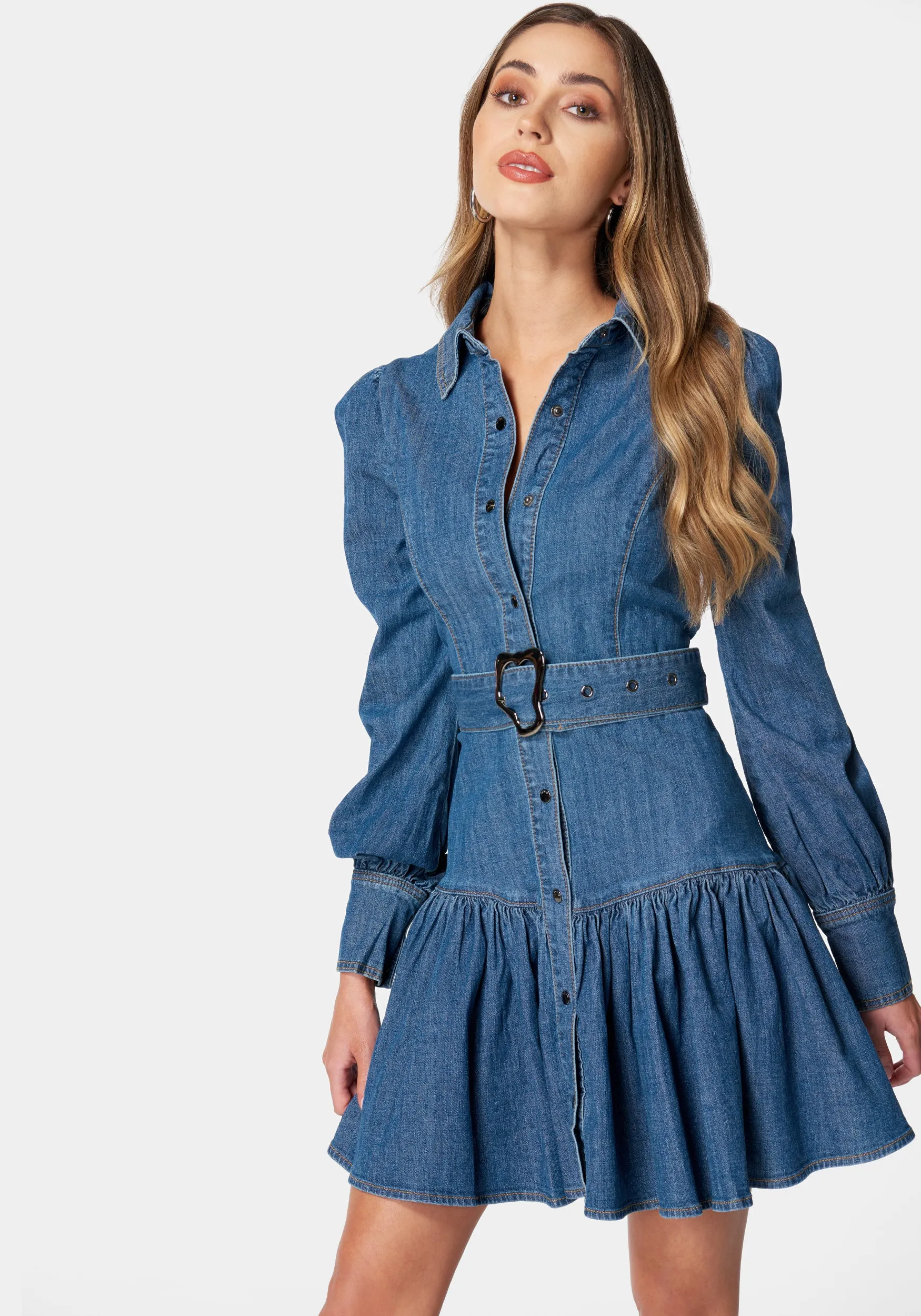 Balloon Sleeves Fit And Flare Denim Dress