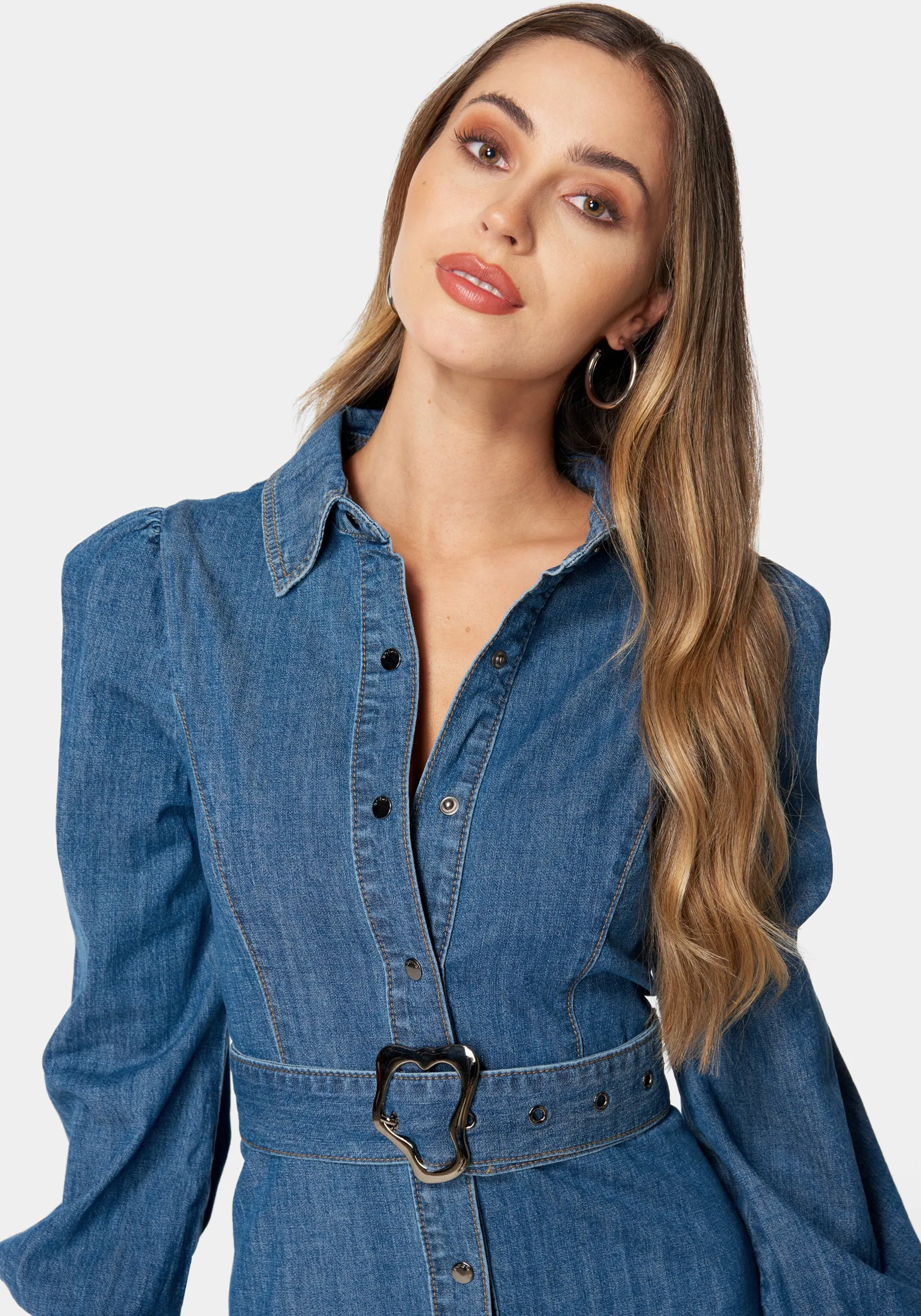 Balloon Sleeves Fit And Flare Denim Dress