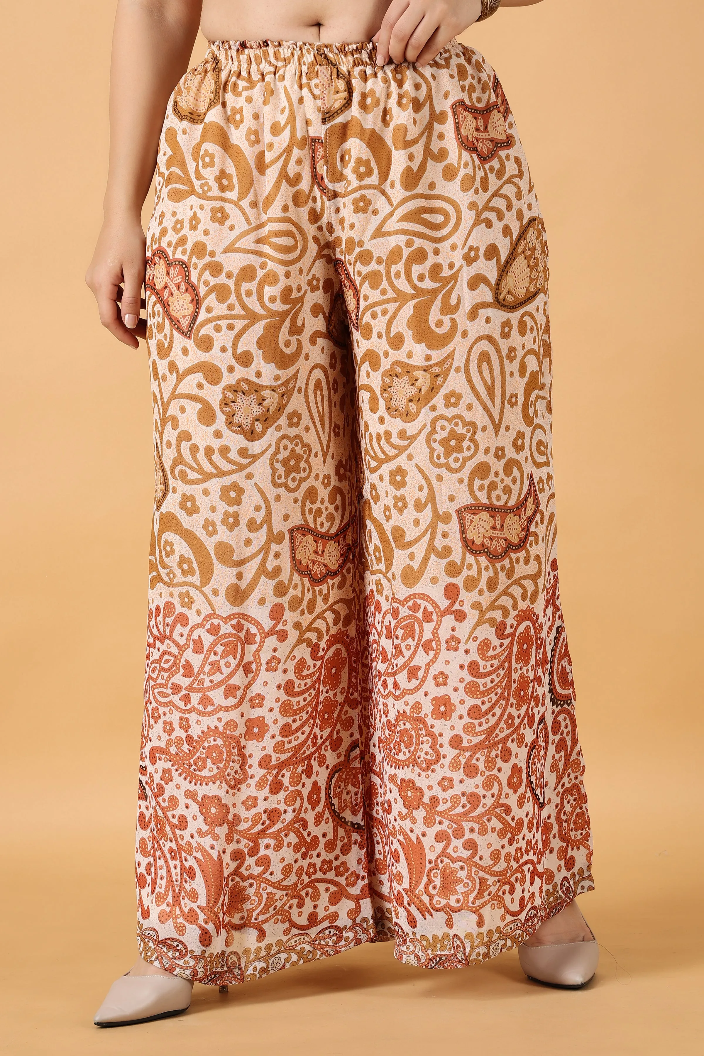 Beige Printed Georgette Palazzo