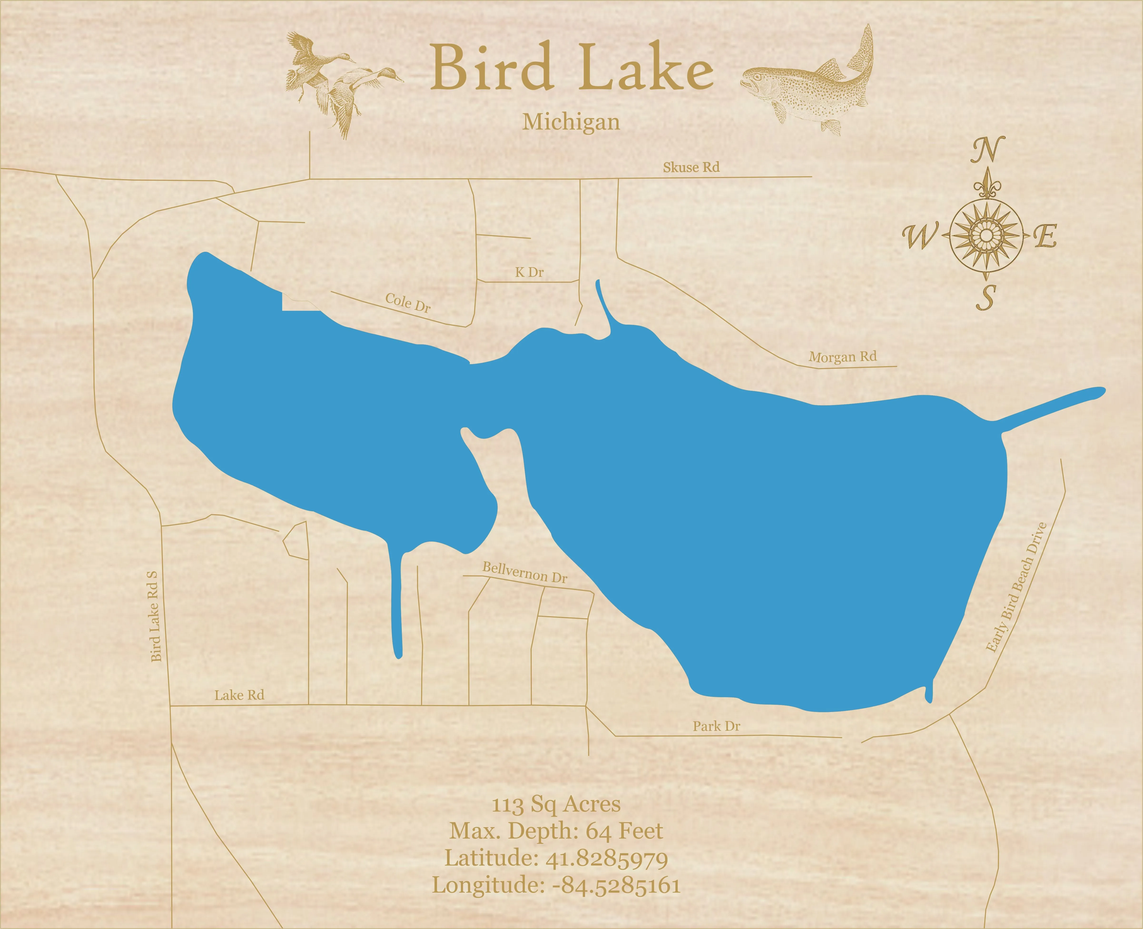 Bird Lake, MI - Laser Cut Wood Map