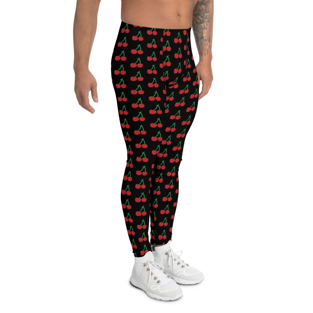 Black Cherries Men's Leggings, Red Cherry Print Meggings Sexy Run Tights-Made in USA/EU