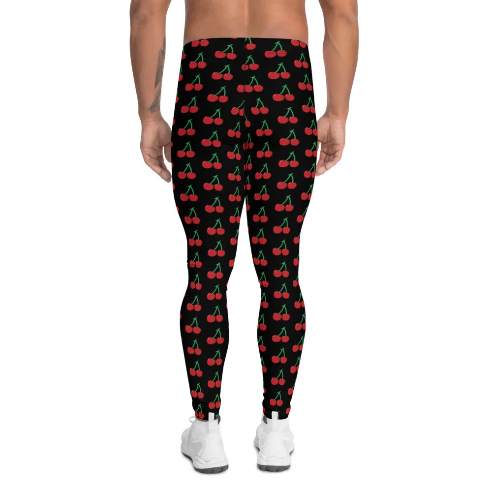 Black Cherries Men's Leggings, Red Cherry Print Meggings Sexy Run Tights-Made in USA/EU