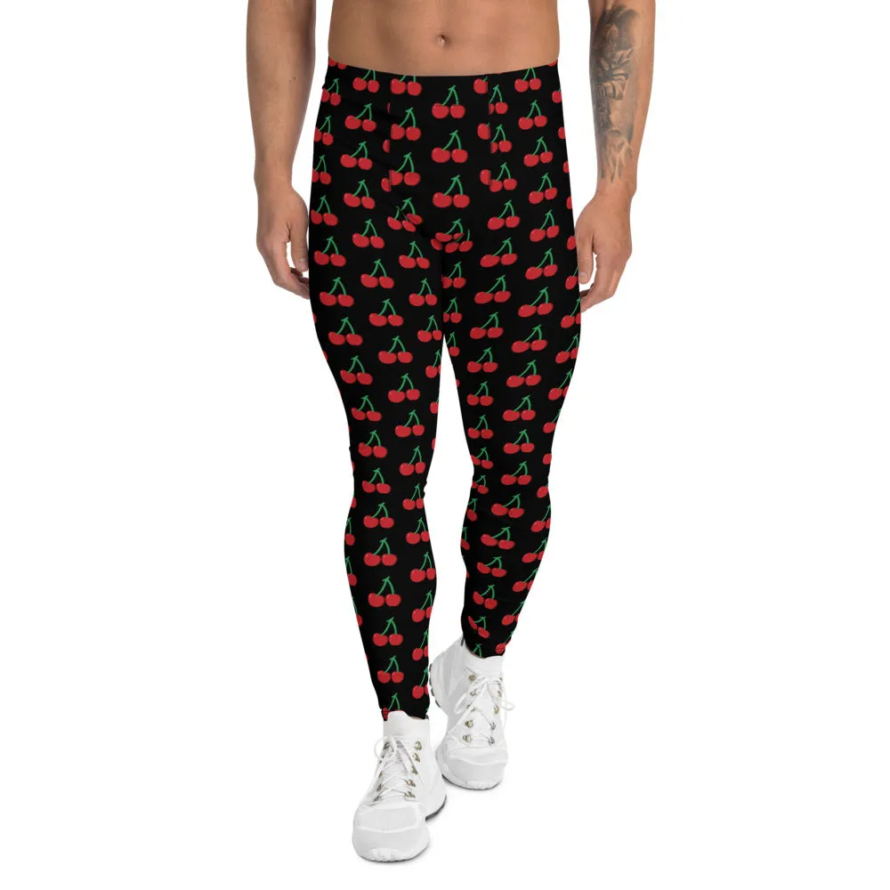 Black Cherries Men's Leggings, Red Cherry Print Meggings Sexy Run Tights-Made in USA/EU