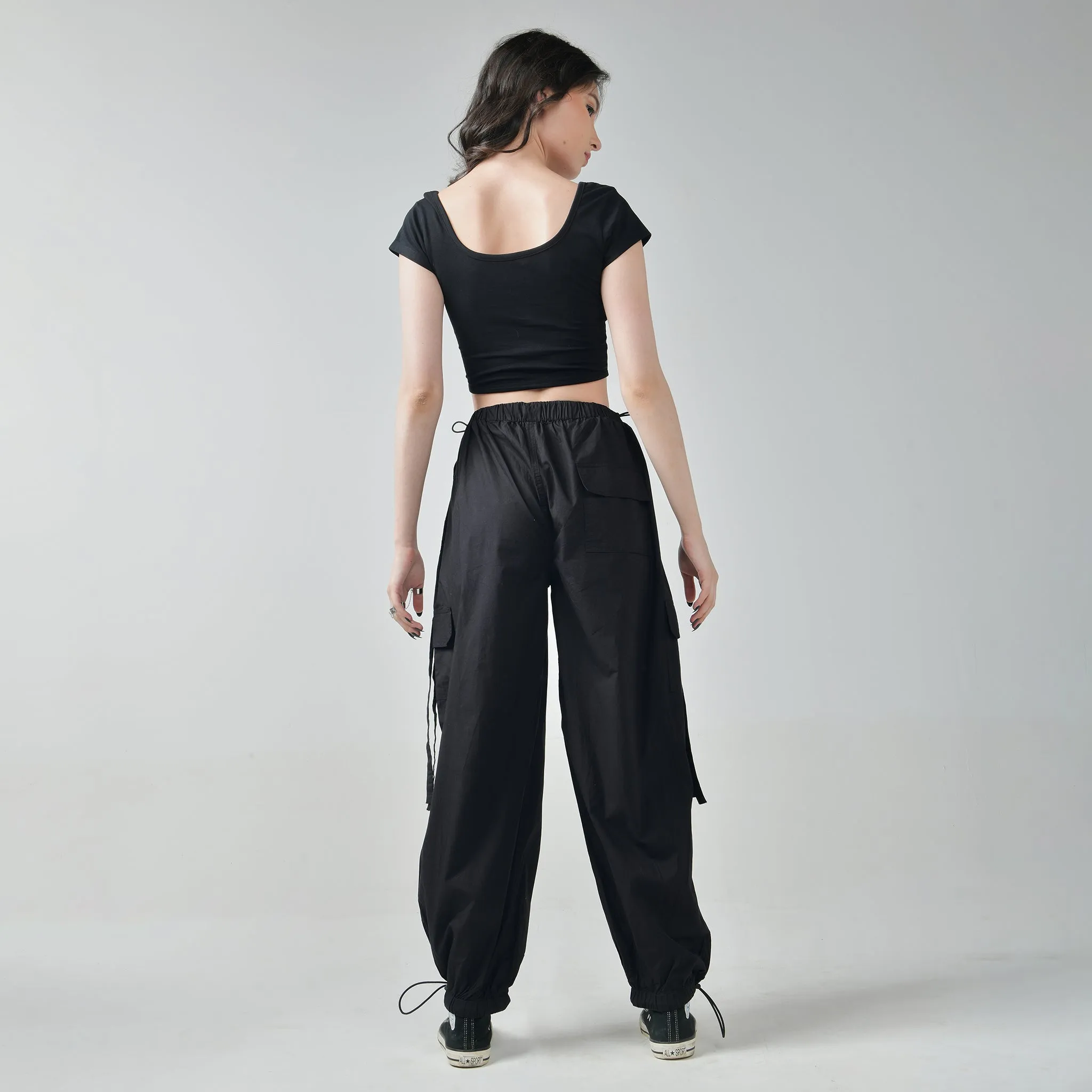 Black Corset Crop Top & Black Cargo Parachute Pants