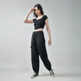 Black Corset Crop Top & Black Cargo Parachute Pants