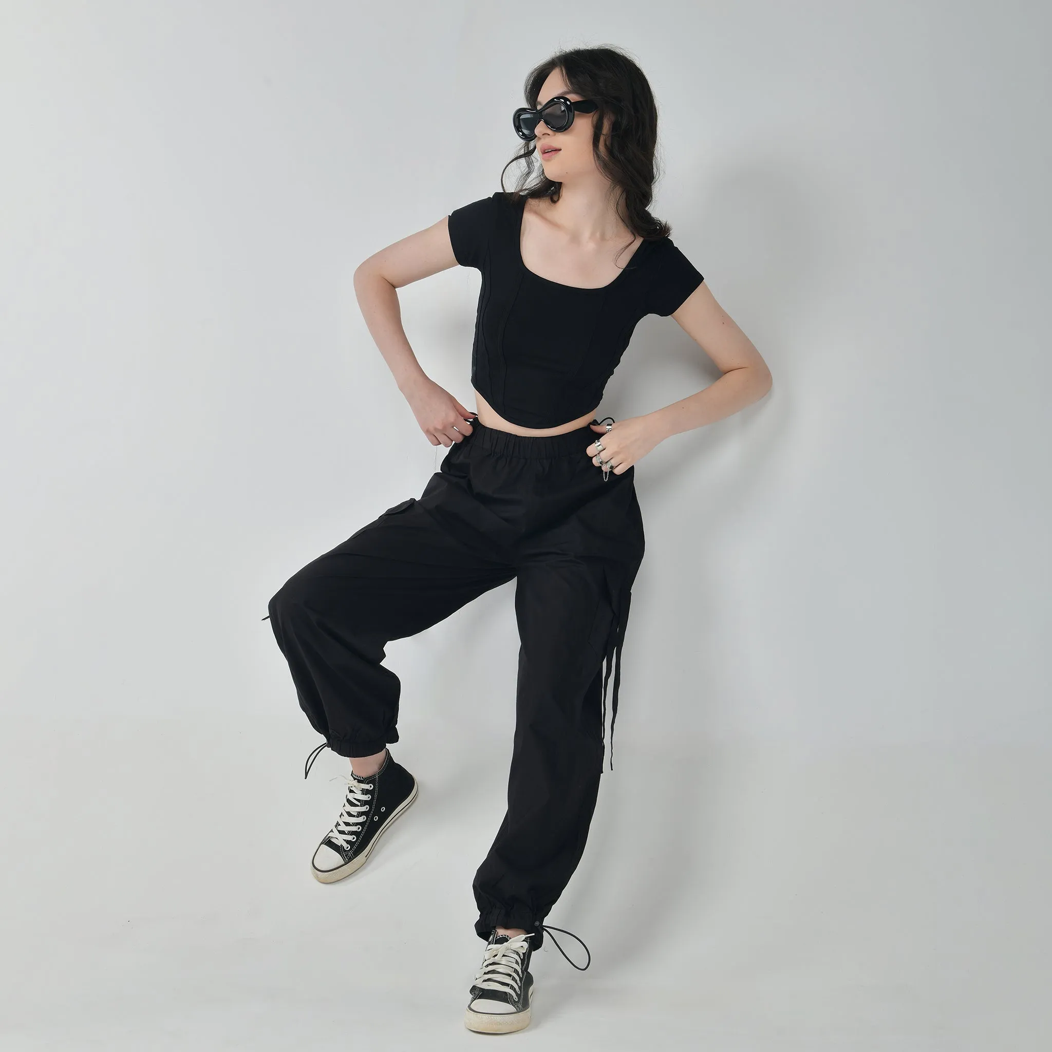 Black Corset Crop Top & Black Cargo Parachute Pants