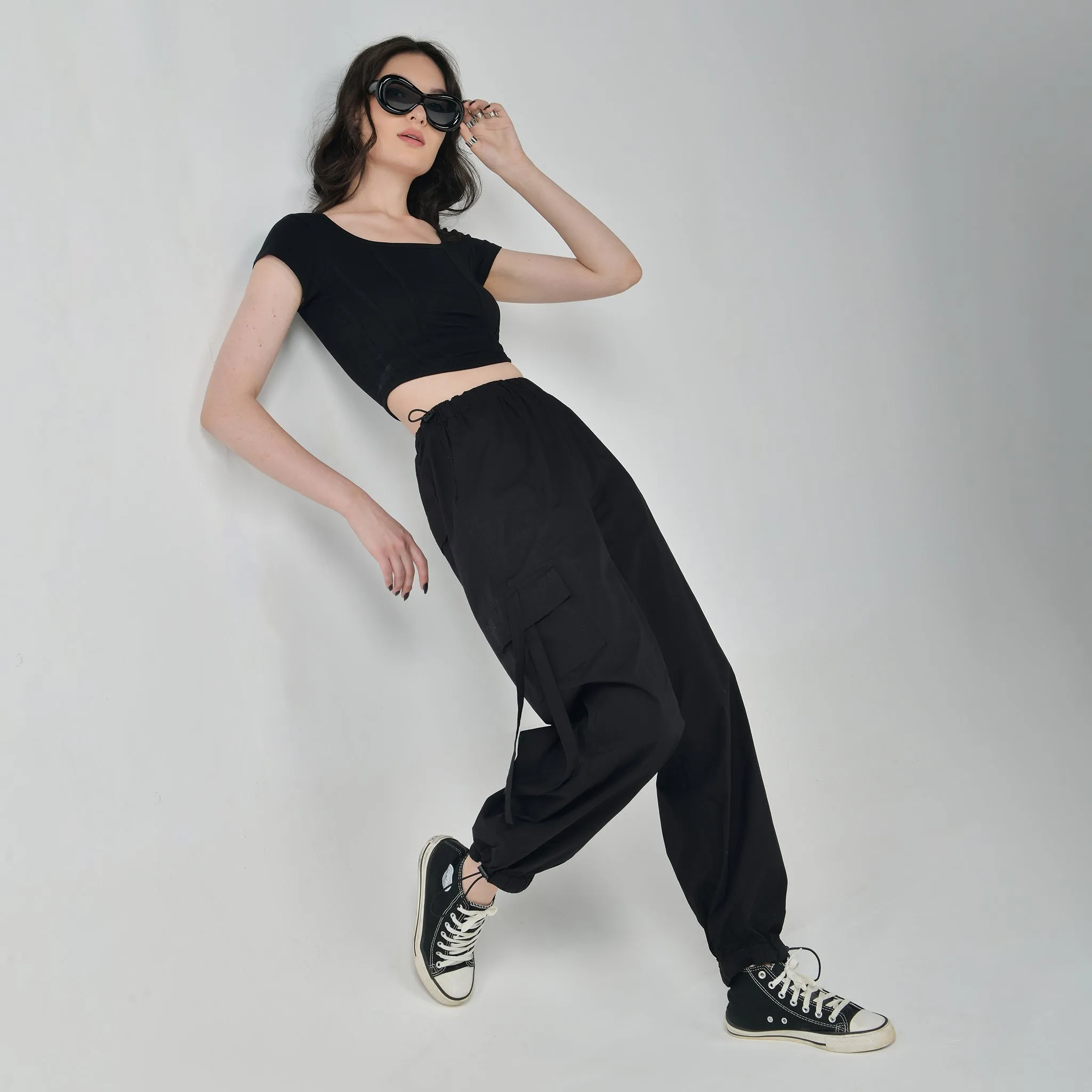 Black Corset Crop Top & Black Cargo Parachute Pants