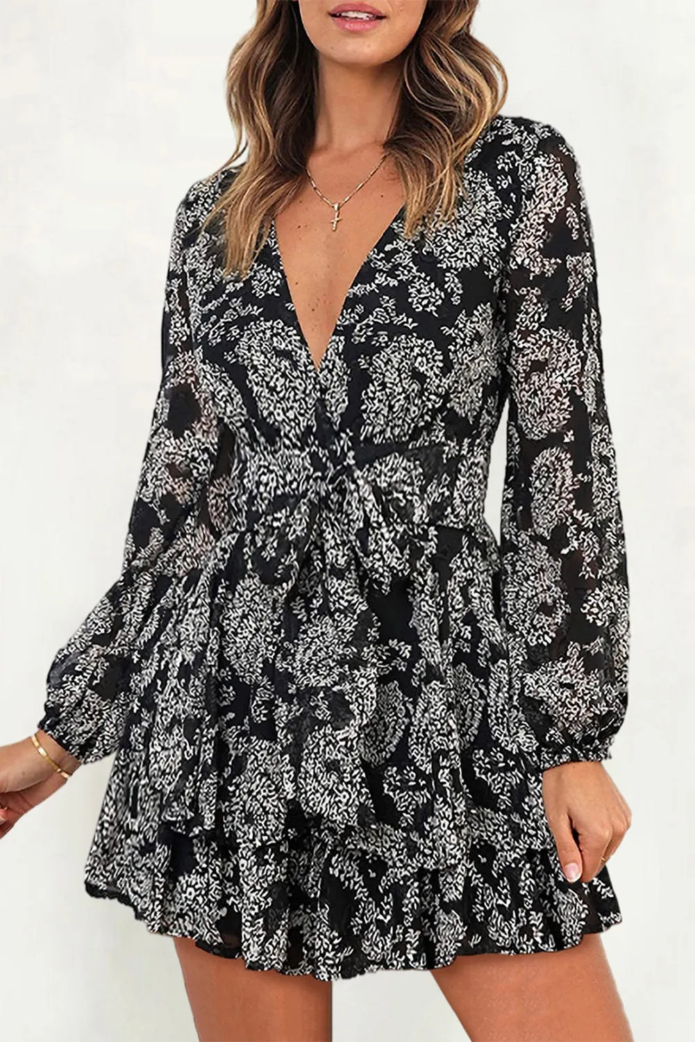 Black Floral Tie Layered Ruffle Mini Dress