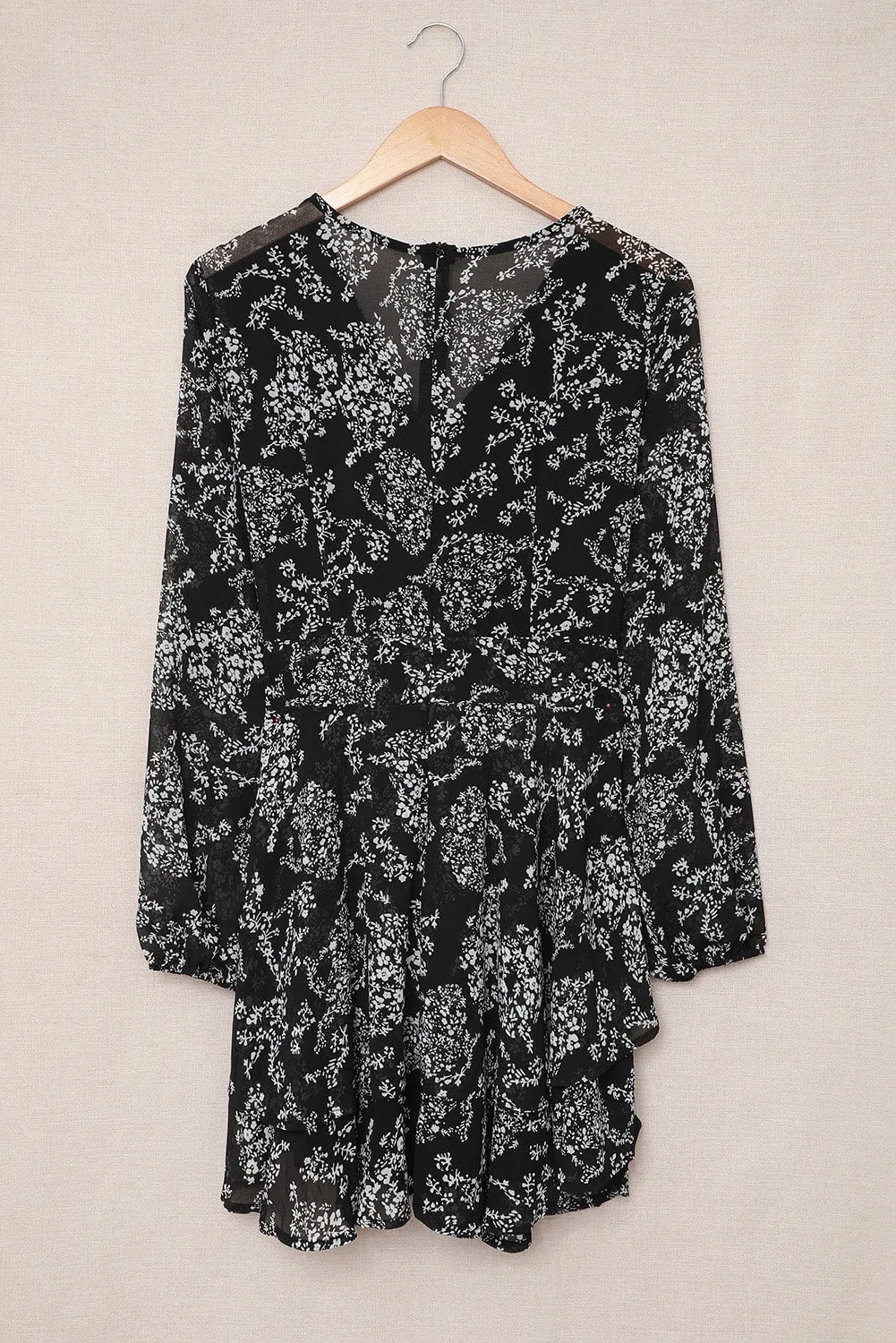 Black Floral Tie Layered Ruffle Mini Dress