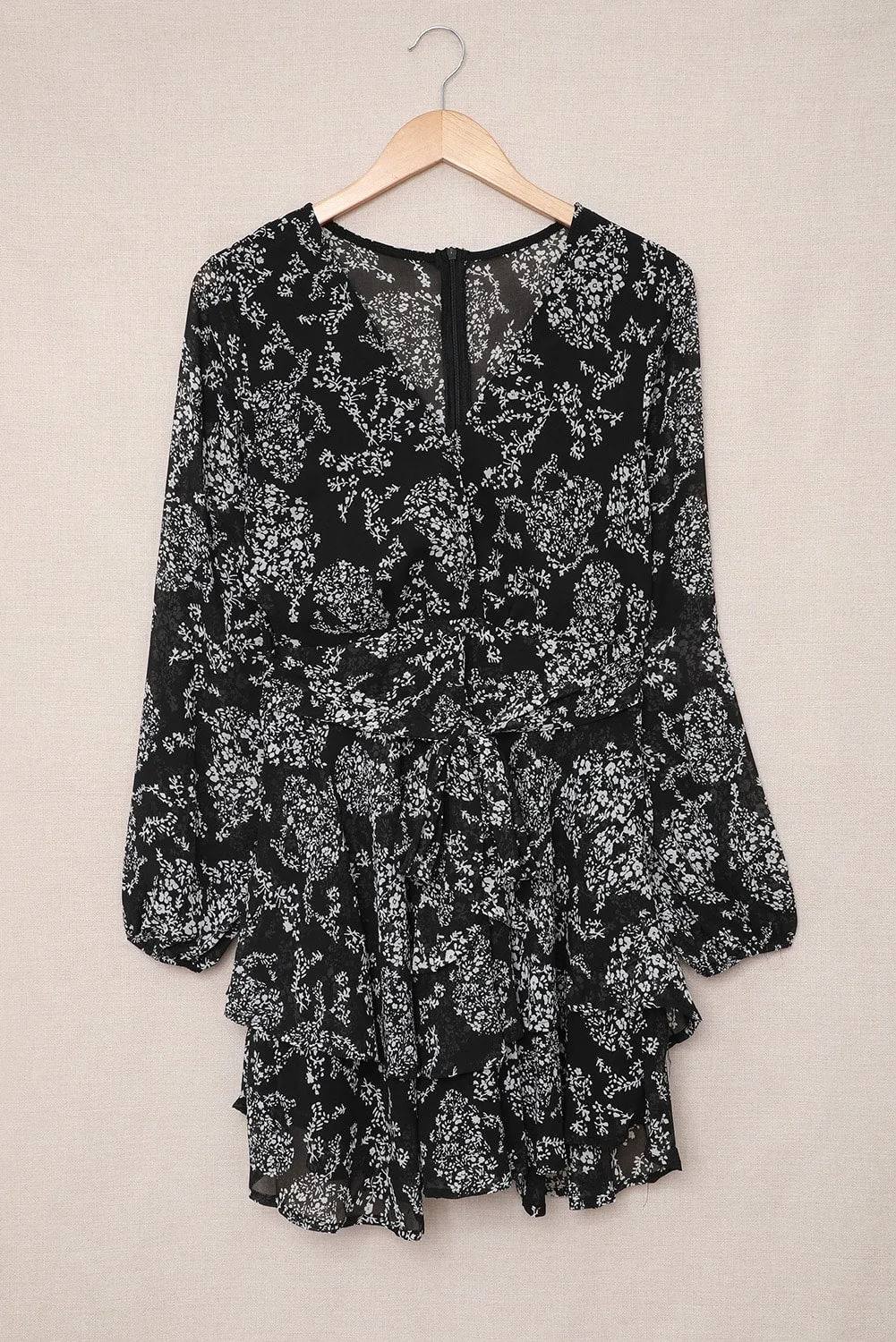 Black Floral Tie Layered Ruffle Mini Dress