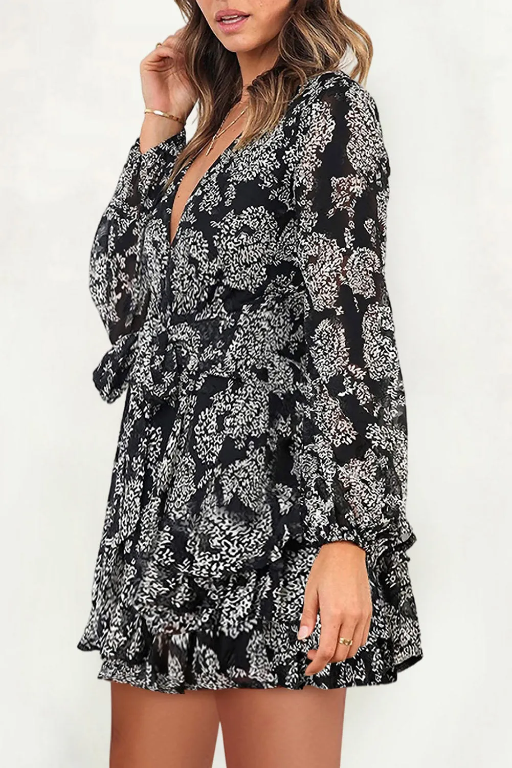 Black Floral Tie Layered Ruffle Mini Dress