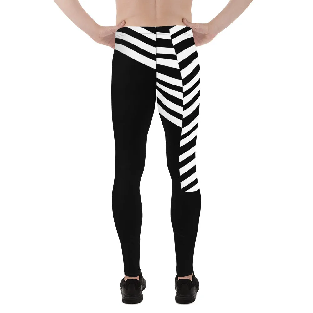 Black Striped Meggings, Designer Best Men's Leggings, Designer Minimalist Black White Modern Meggings-Made in USA/EU/MX