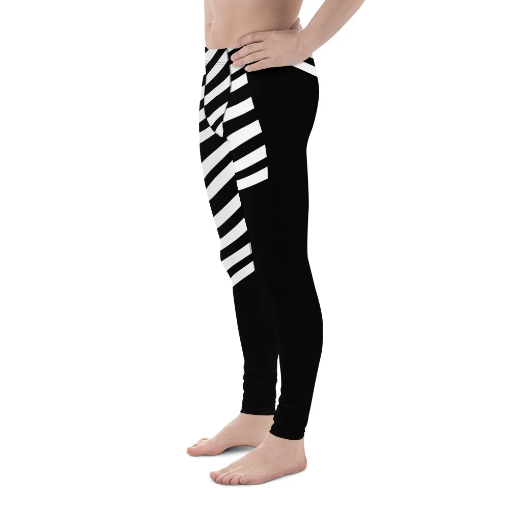 Black Striped Meggings, Designer Best Men's Leggings, Designer Minimalist Black White Modern Meggings-Made in USA/EU/MX