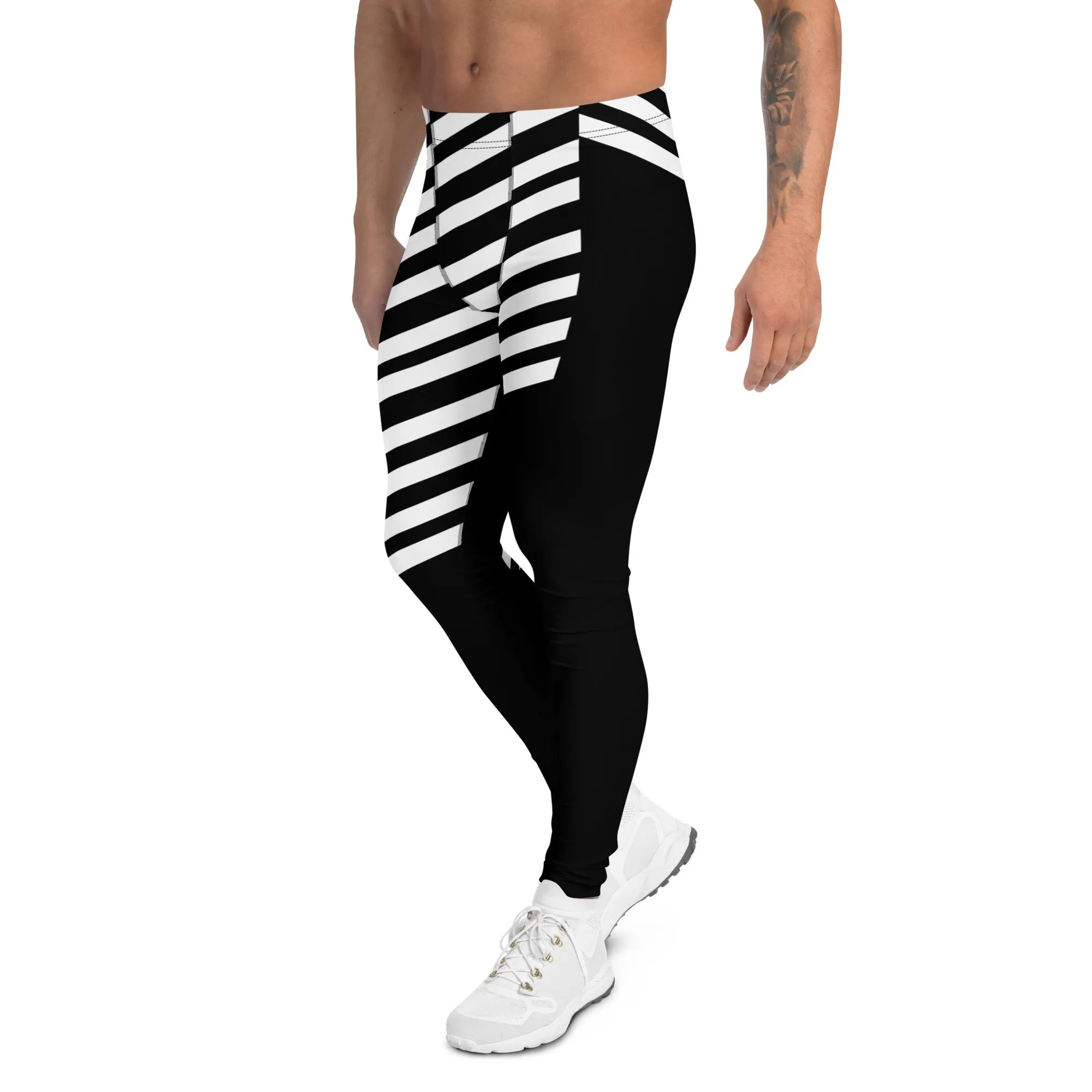 Black Striped Meggings, Designer Best Men's Leggings, Designer Minimalist Black White Modern Meggings-Made in USA/EU/MX