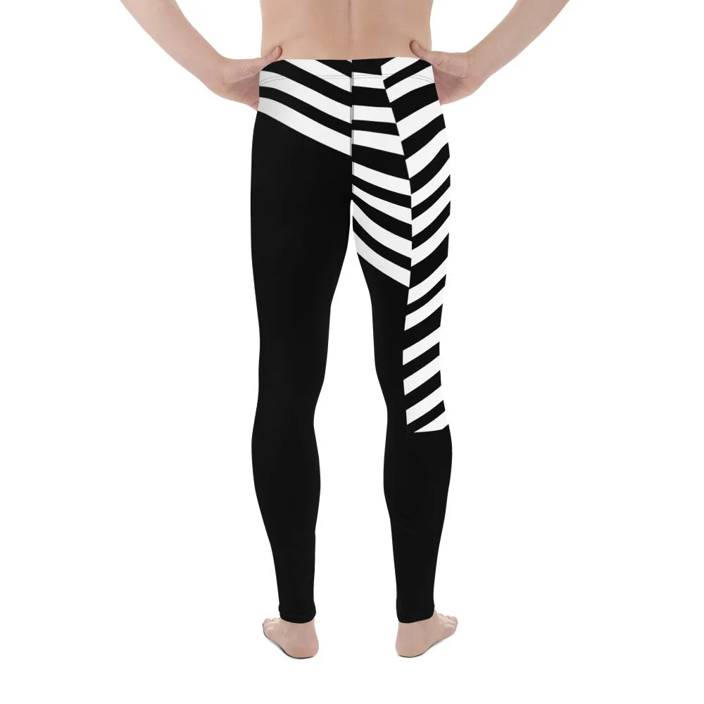 Black Striped Meggings, Designer Best Men's Leggings, Designer Minimalist Black White Modern Meggings-Made in USA/EU/MX