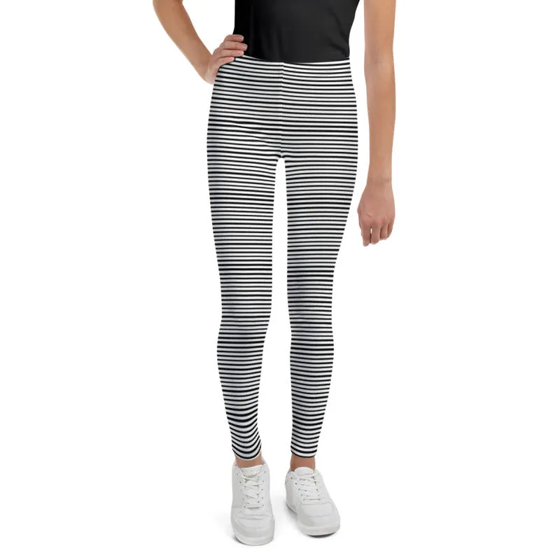 Black Striped Youth Leggings, Horizontal Stripe Premium Girl's Tights- Made in USA/ EU