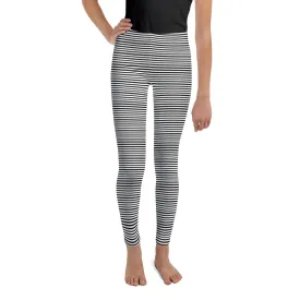 Black Striped Youth Leggings, Horizontal Stripe Premium Girl's Tights- Made in USA/ EU