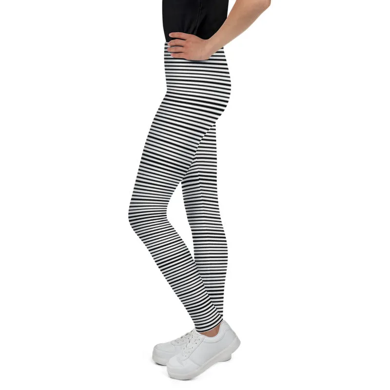 Black Striped Youth Leggings, Horizontal Stripe Premium Girl's Tights- Made in USA/ EU