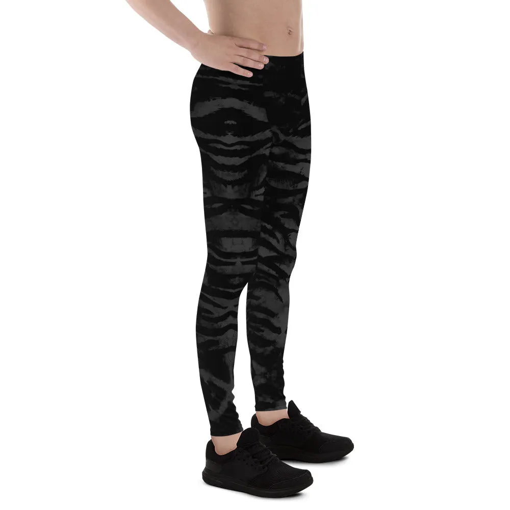 Black Tiger Stripe Men's Leggings, Animal Print Meggings Run Tights-Made in USA/EU