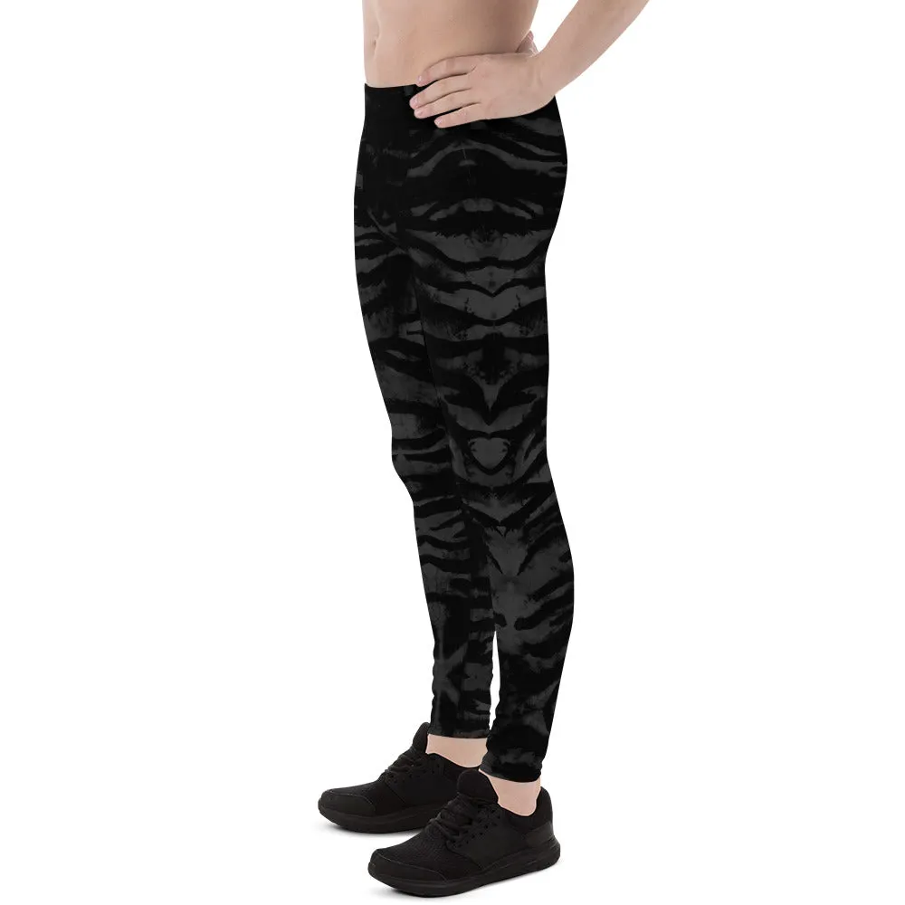 Black Tiger Stripe Men's Leggings, Animal Print Meggings Run Tights-Made in USA/EU