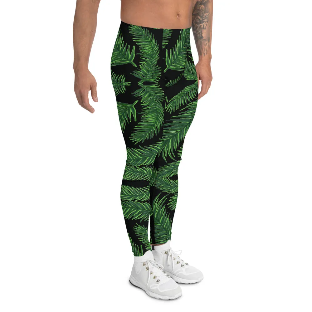 Black Tropical Leaf Men's Leggings, Palm Leaves Meggings Run Tights-Made in USA/EU