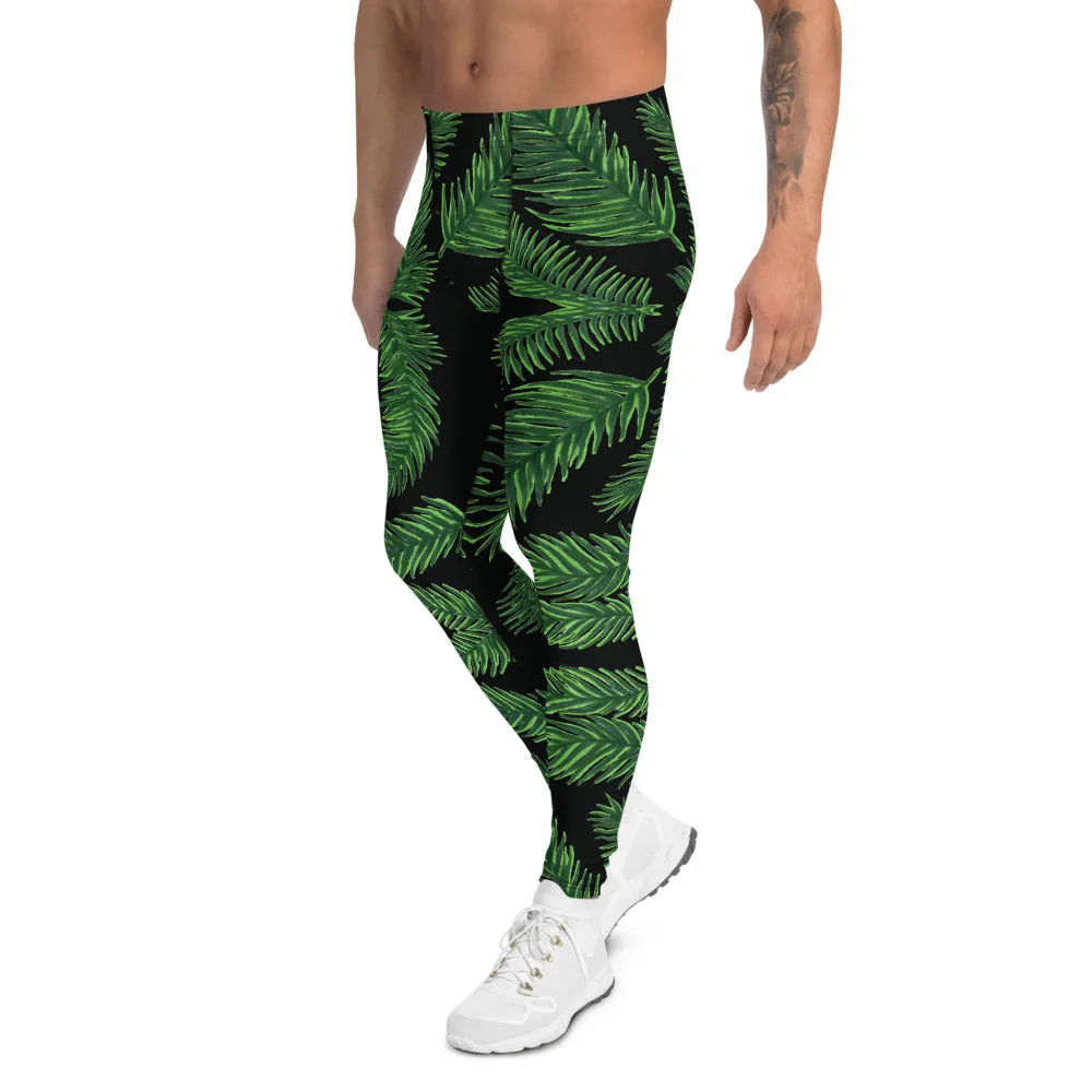 Black Tropical Leaf Men's Leggings, Palm Leaves Meggings Run Tights-Made in USA/EU