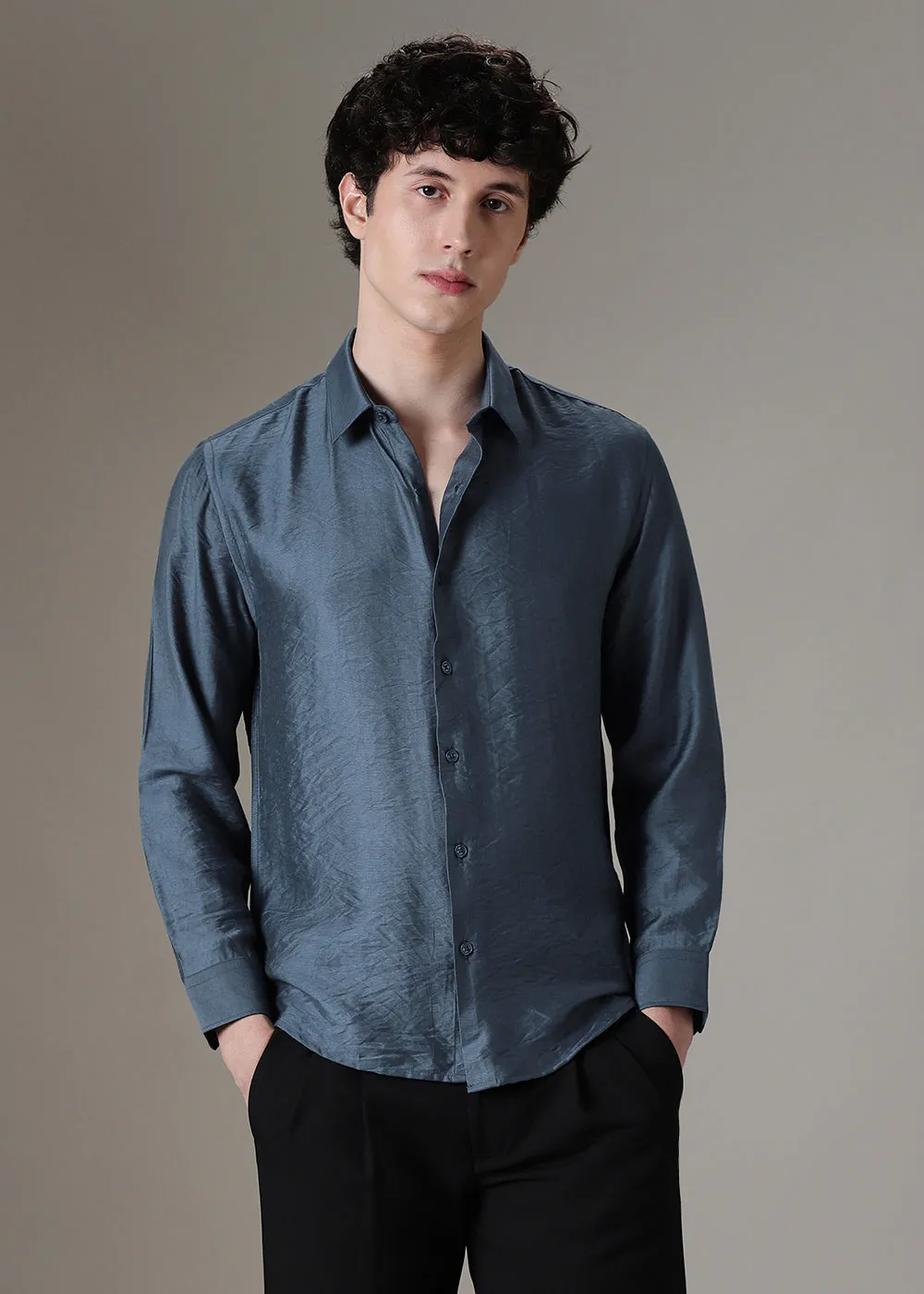 Blue Crushed Satin Shirt