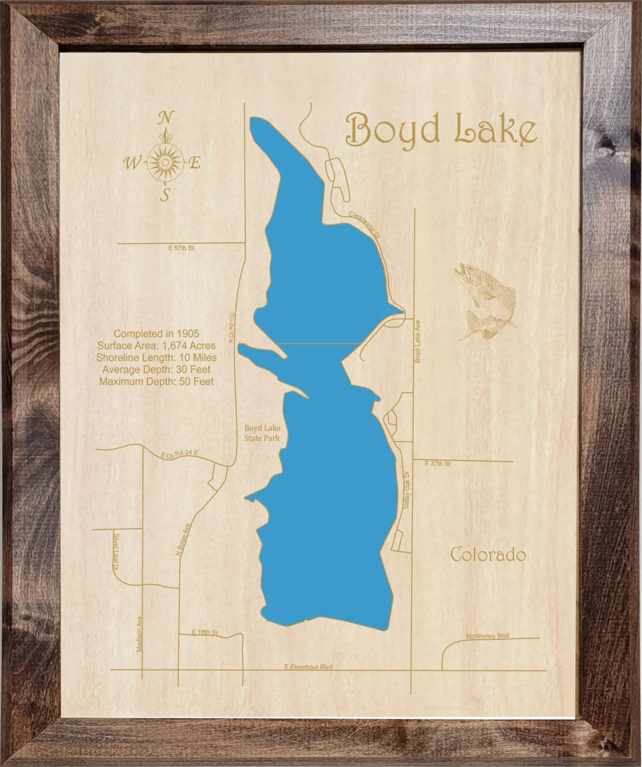 Boyd Lake, CO - Laser Cut Wood Map